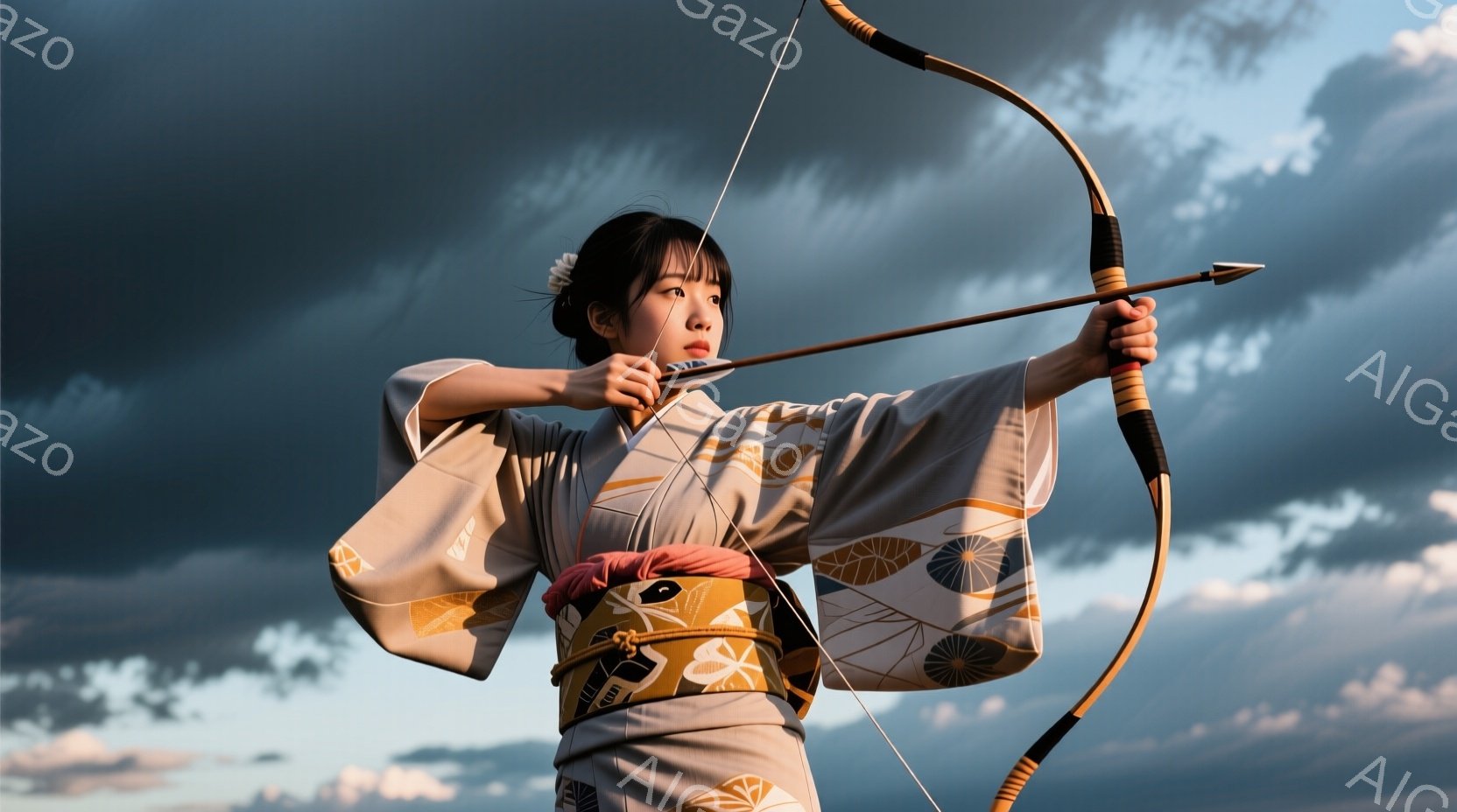 浅黄色の地に幾何学模様が描かれた着物を身に着けた女性が、弓を構えている。髪は後ろでまとめられ、白い花飾りをつけている。背景は薄曇りの空で、やや夕焼けのような光が差し込み、静かで集中した雰囲気を醸し出し - AI生成フリー素材
