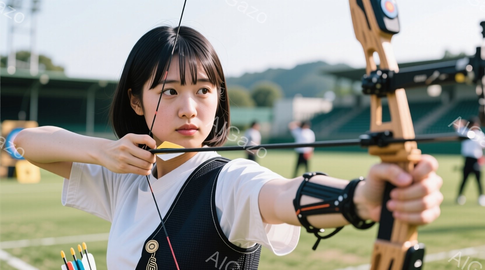 黒髪のショートヘアの女性が弓矢の構えを取っている。白いTシャツに黒いベストを着用し、集中した表情で前を見据えている。背景には緑の芝生と観客席が見え、晴れた日の屋外でアーチェリーの練習をしている様子がうかがえる。