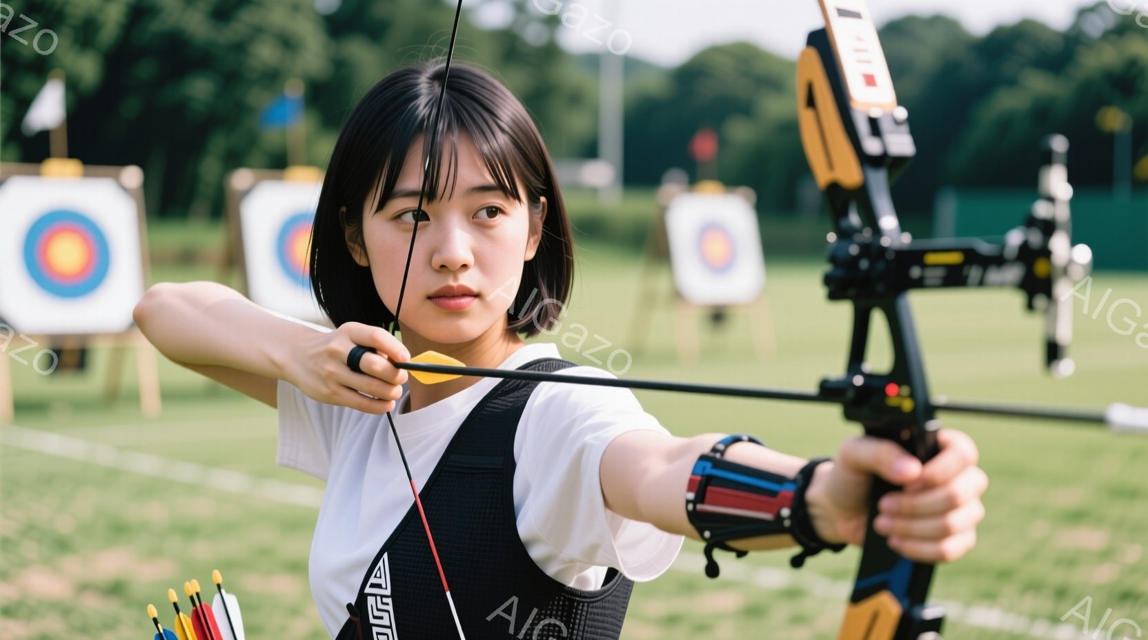 若い女性がアーチェリーの構えを取っており、白いタンクトップと黒いベストを着用しています。彼女は黒髪のショートヘアで、集中した表情で目標を見据えています。背景にはアーチェリーのターゲットと緑豊かな自然が - AI生成フリー素材
