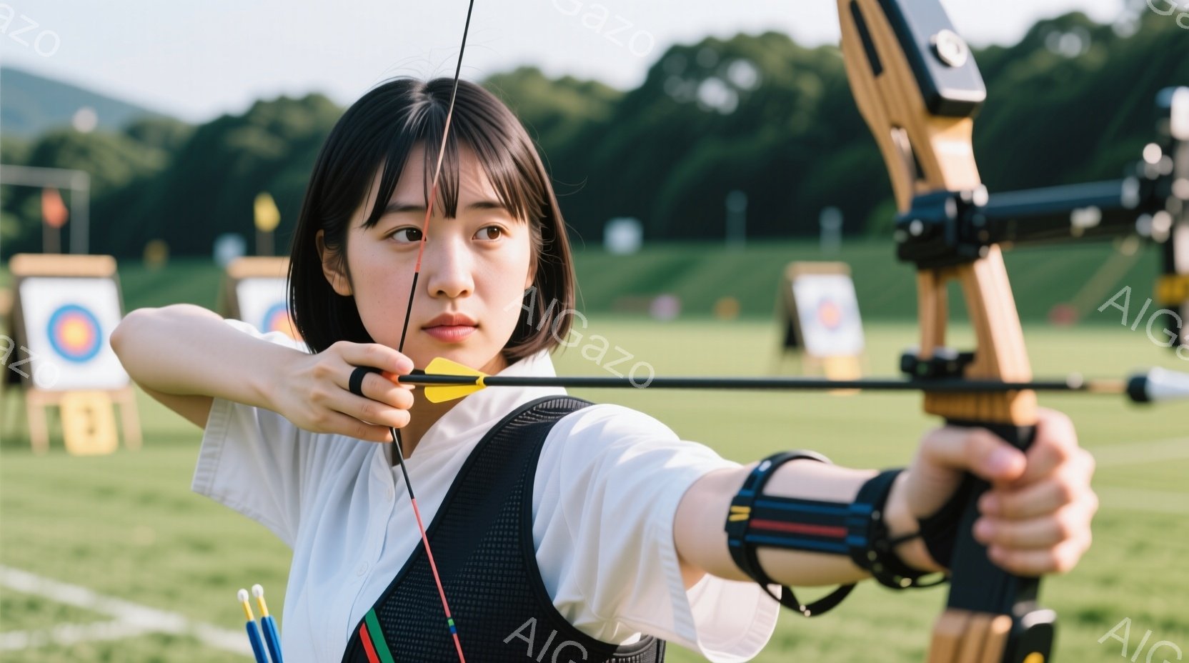 アーチェリー競技中の女性が写っている。白の半袖シャツと黒のベストを着用し、髪は短くカットされた前髪とサイドのレイヤーがあるスタイルで、真剣な表情で弓を引き、ターゲットに向けて集中している。背景には緑の - AI生成フリー素材