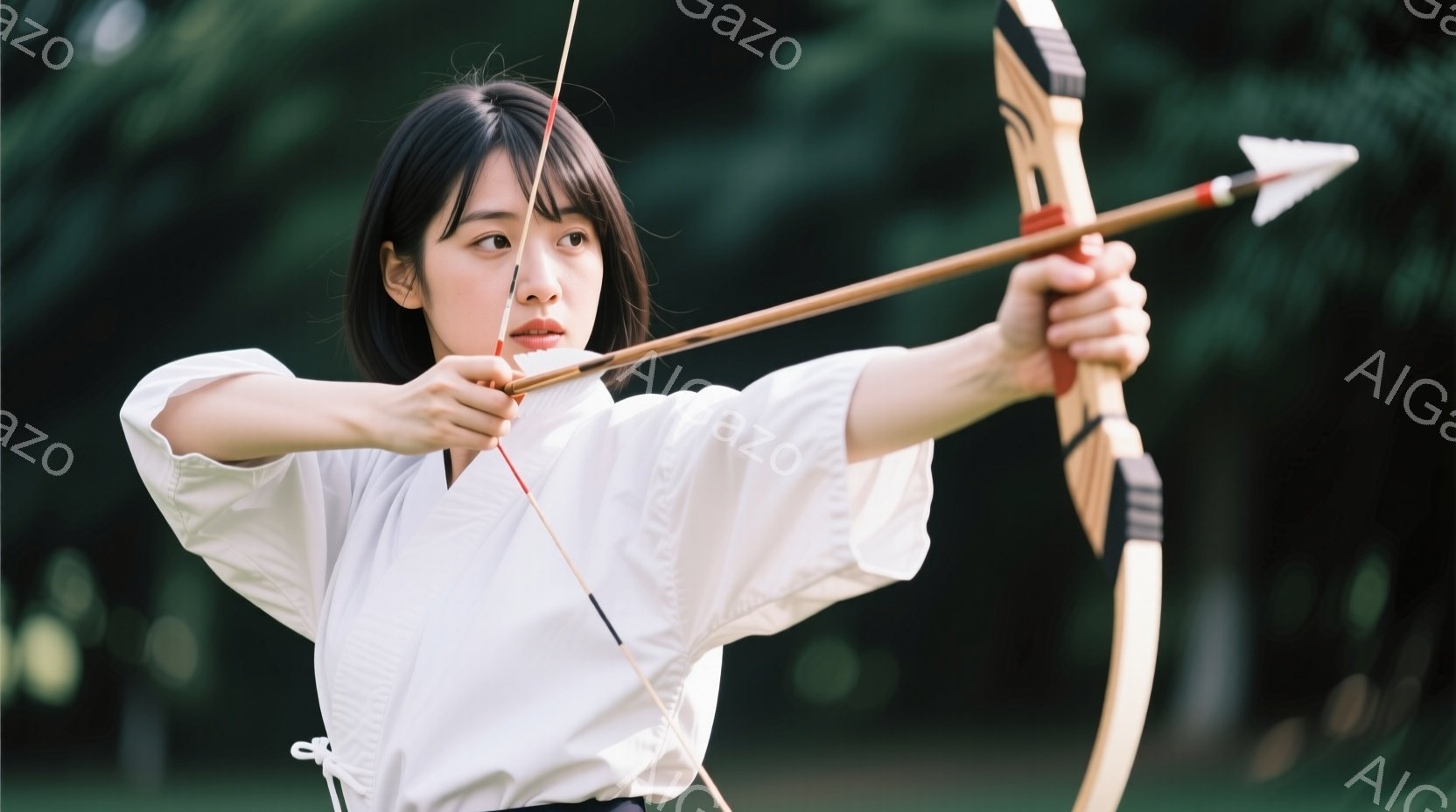 白い長袖の着物のような服を着た若い女性が、弓を引き、矢を放とうとしている姿が描かれています。彼女は黒髪を後ろでまとめ、集中した表情で目標を見据えています。背景には緑豊かな木々が見え、晴れた日の屋外で伝 - AI生成フリー素材