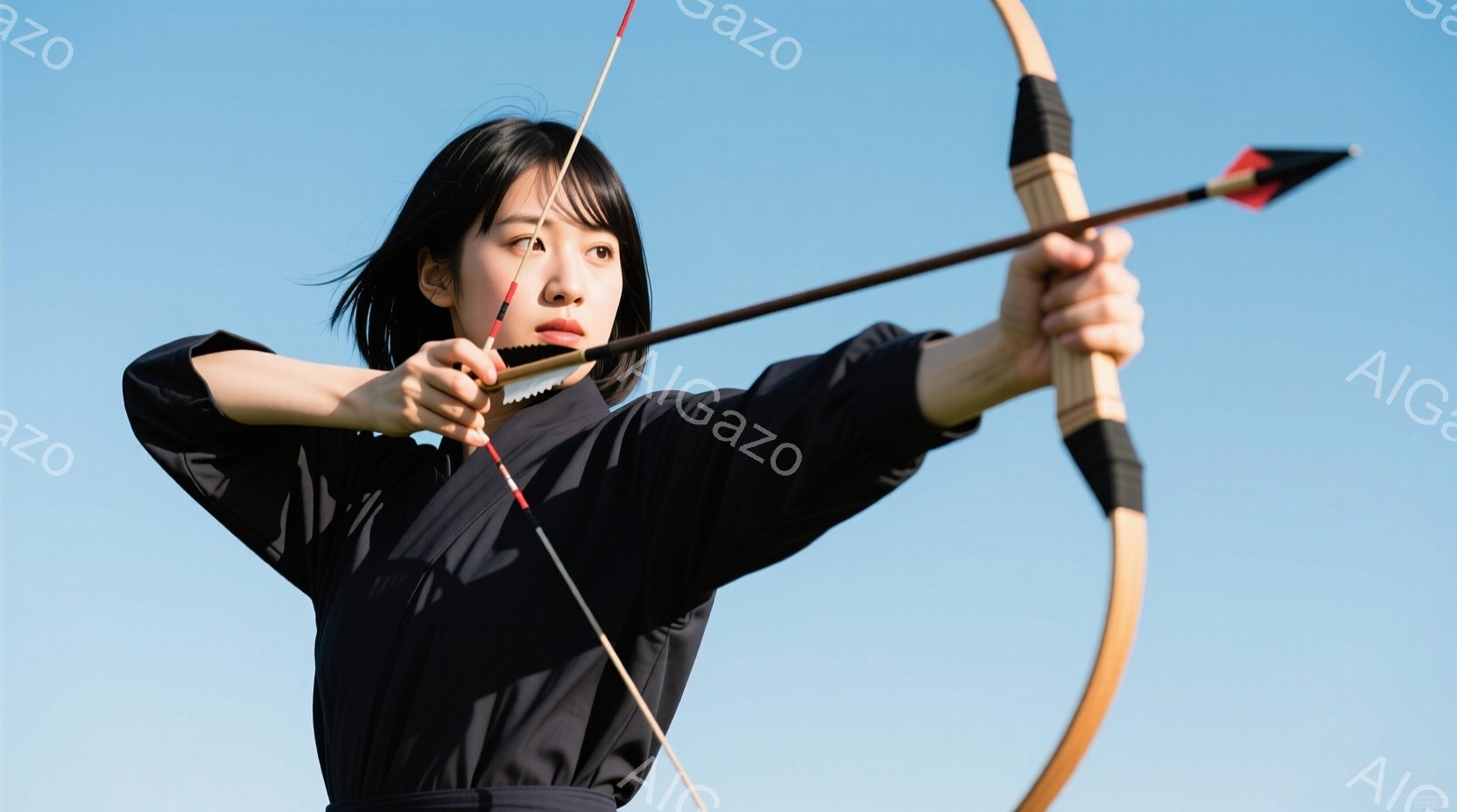 黒い着物を着た女性が弓を構え、矢を放とうとしている姿が捉えられています。彼女は黒髪で前髪を少し横に流し、真剣な表情で目標を見据えています。背景は晴れた青空で、彼女のシルエットが際立っています。 - AI生成フリー素材