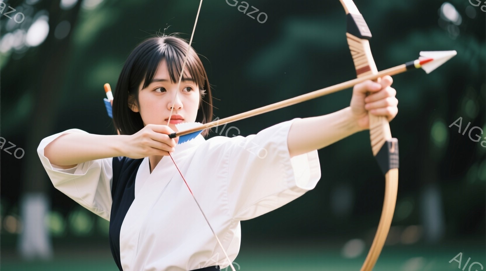 若い女性が弓矢を持ち、射撃の構えを取っている。白い着物のような服装で、髪は後ろで一つにまとめられている。背景は緑豊かな木々に覆われた自然で、晴天の下、集中した表情で矢を放とうとしている様子が伺える。 - AI生成フリー素材