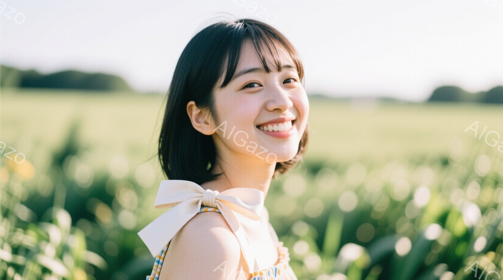 若い女性が、緑豊かな植物の畑で微笑んでいます。彼女は肩出しのカラフルなワンピースを着ており、首の後ろには大きな白いリボンが付いています。背景はぼやけており、明るい日差しが差し込む、穏やかで牧歌的な雰囲 - AI生成フリー素材