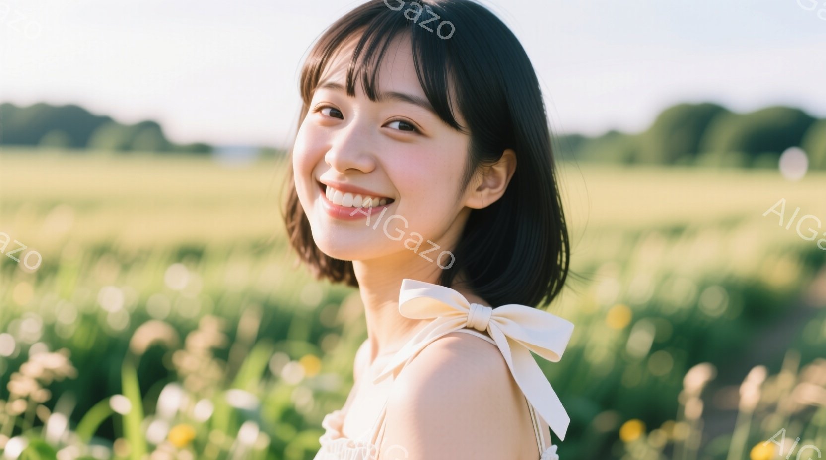 若い女性が、花畑の中で微笑んでいます。彼女は肩出しの白いワンピースを着ており、後ろには大きなリボンが付いています。背景には緑豊かな草原とぼやけた木々が見え、全体的に柔らかく、穏やかな雰囲気が漂っていま - AI生成フリー素材