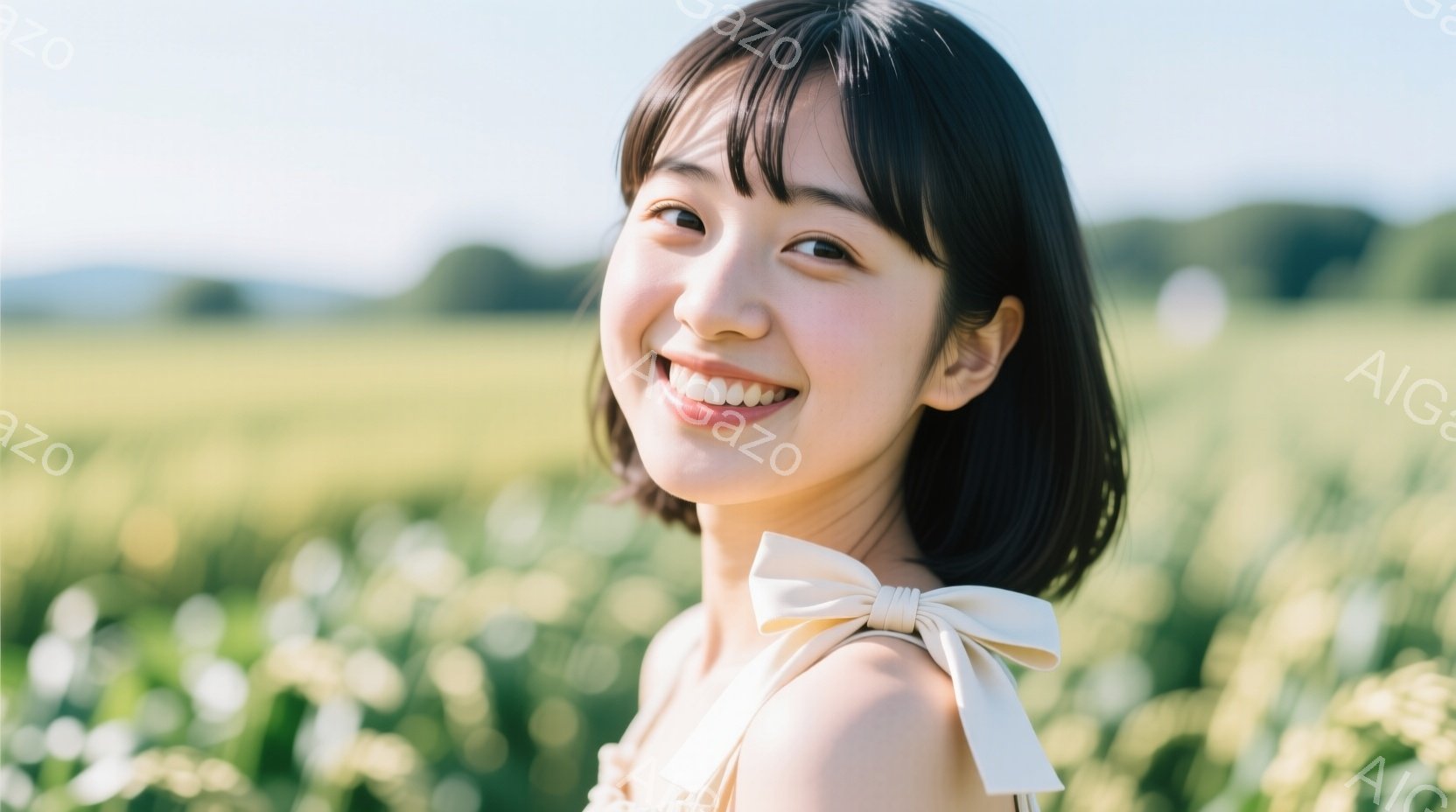 明るい笑顔を浮かべた若い女性が写っている。オフホワイトのトップスに、背中で大きなリボン結びが特徴的で、短い黒髪は前髪を下ろしたスタイル。背景には緑豊かな植物が広がり、晴天の下、自然の中でリラックスした - AI生成フリー素材