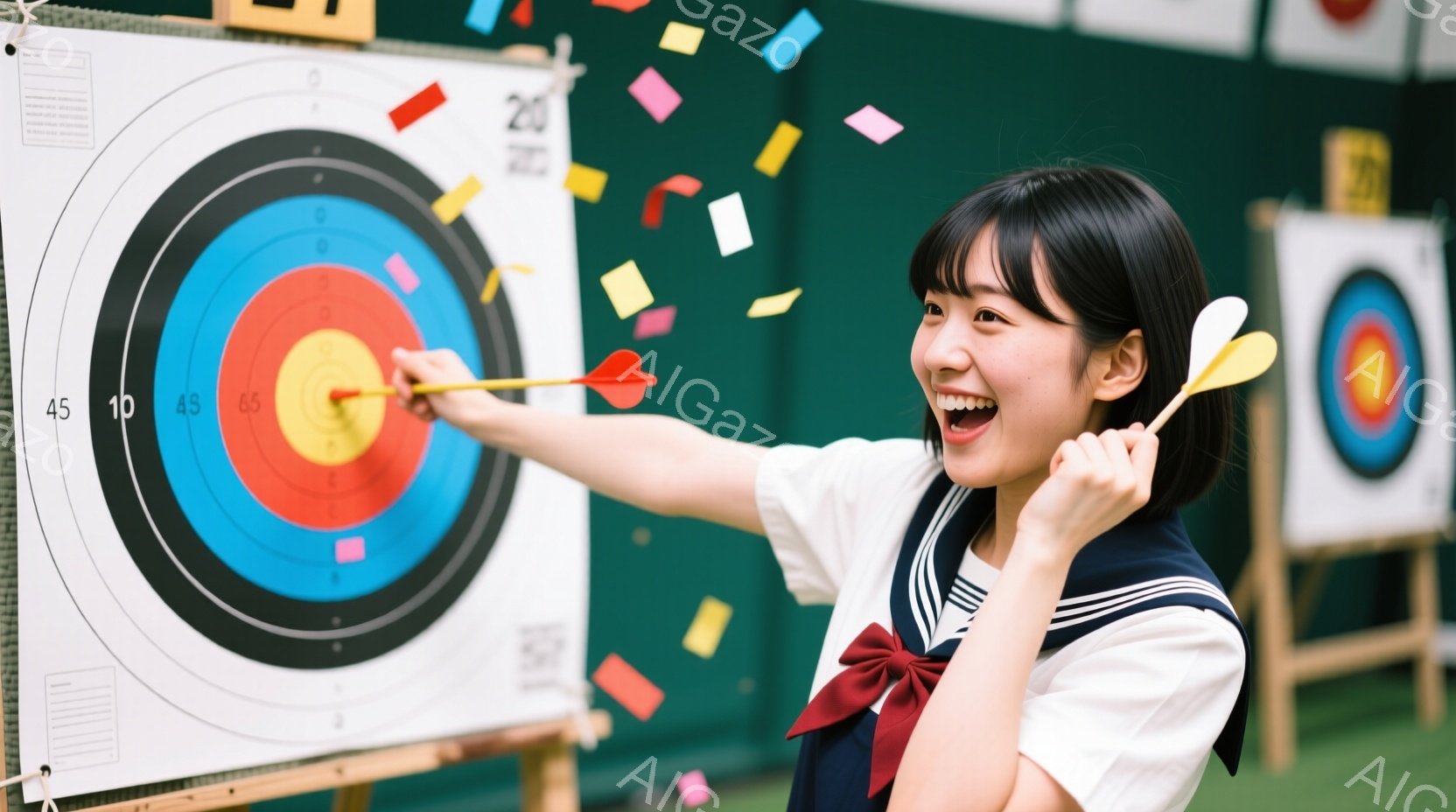 若い女性が弓矢で射撃をしている様子が写っています。彼女はセーラー服を着ており、髪を後ろで一つにまとめています。顔には喜びの表情が浮かび、矢が的の中心に命中した瞬間を捉えているようです。