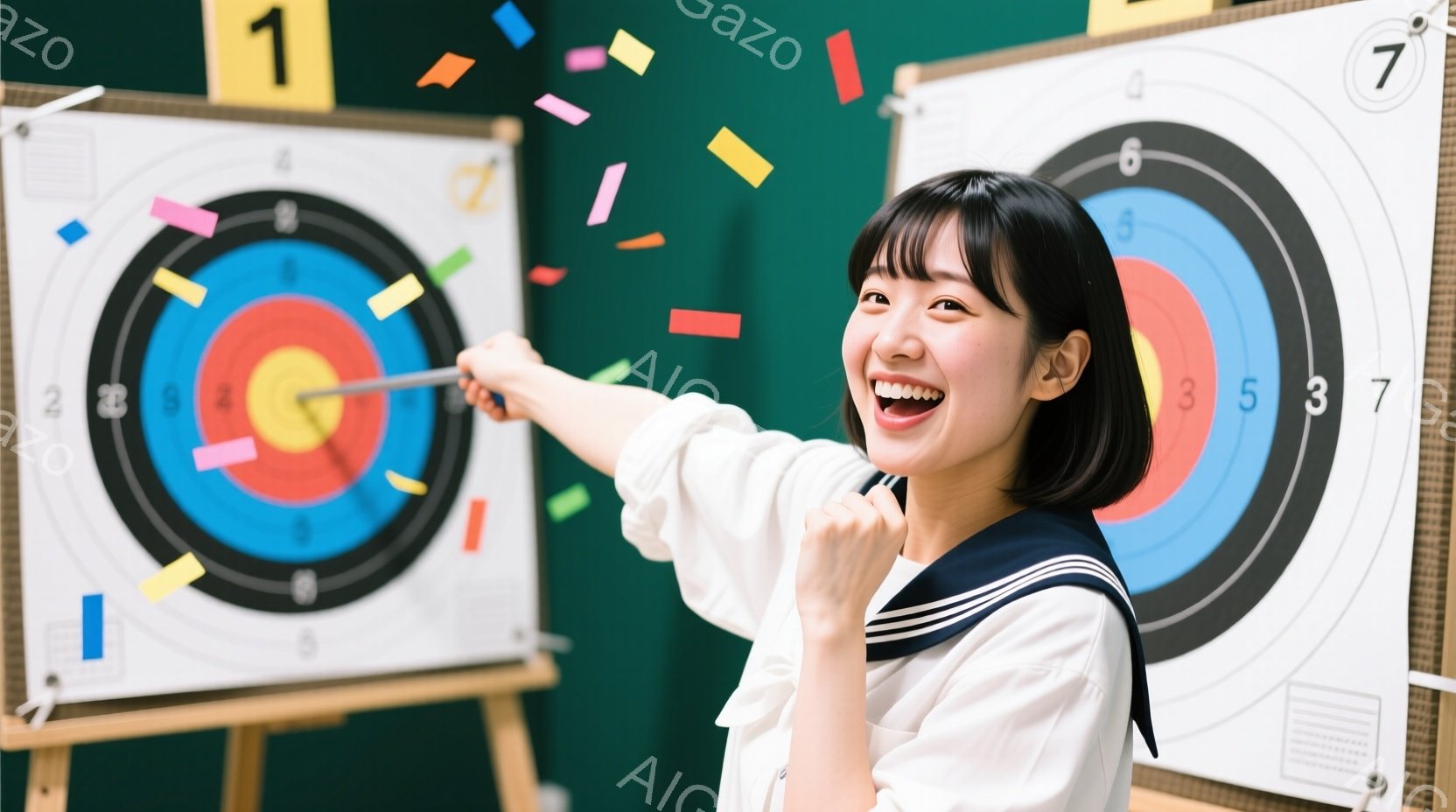 笑顔の若い女性が弓矢でターゲットの中心を射抜いた瞬間の様子が写っています。彼女は白いシャツに紺色のリボンとセーターを着ており、茶色の髪を肩まで伸ばしています。背景には、ターゲットがいくつか立てられており、紙吹雪が舞い上がって喜びの雰囲気を高めています。