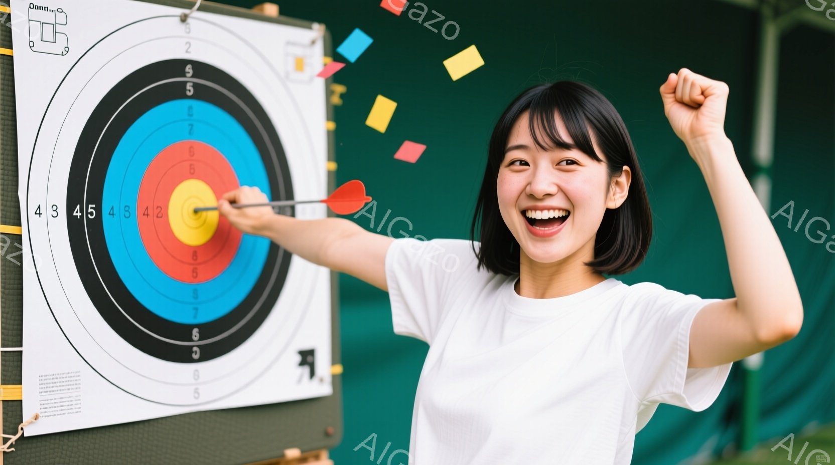 笑顔の若い女性が、ダーツボードの中心（ブル）に命中した様子が写っている。彼女は白いTシャツを着ており、短い黒髪で、腕を高く上げて歓喜している。背景は緑色の壁で、紙吹雪が舞っており、活気に満ちた、成功を祝う雰囲気が漂っている。