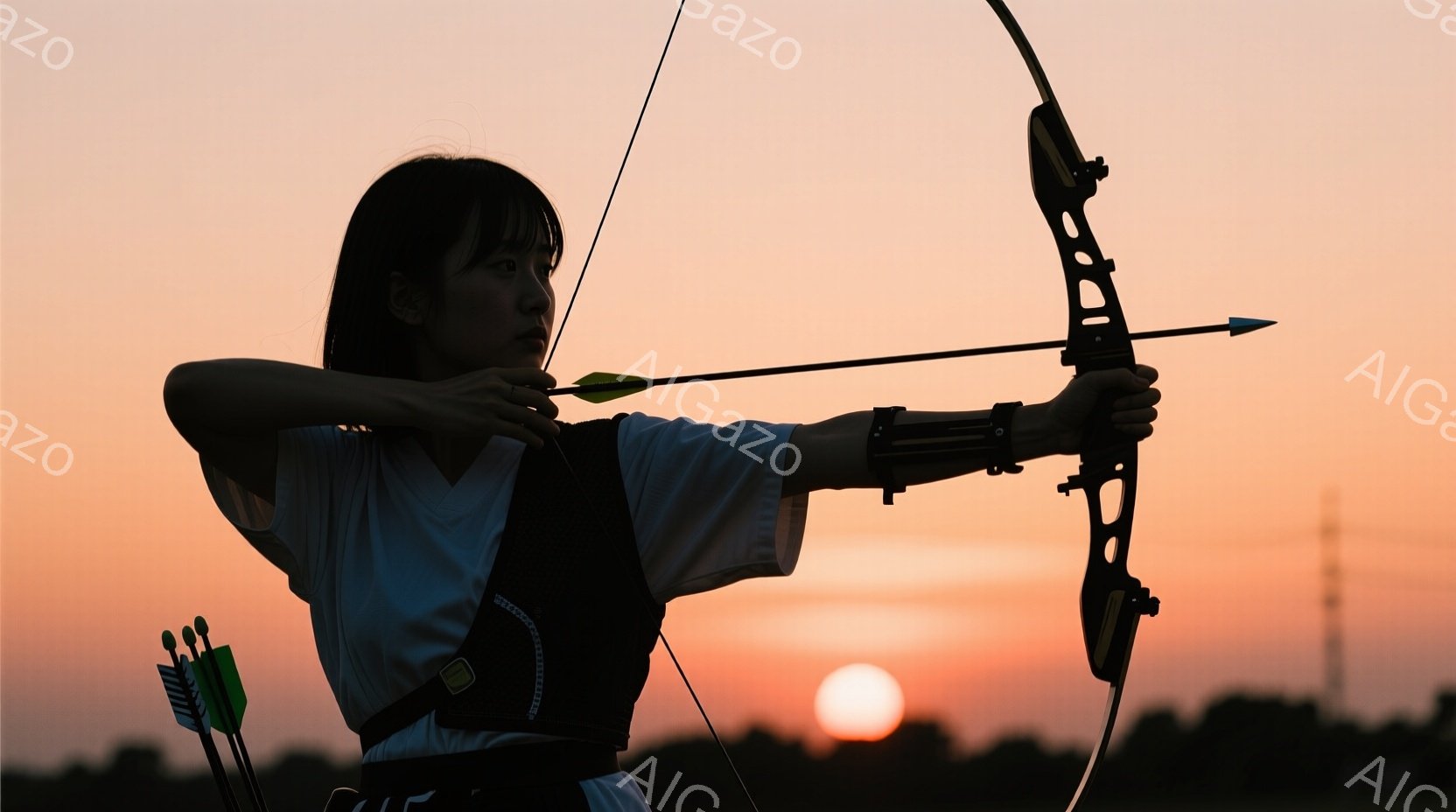 アーチェリーの女性が夕焼けを背景に矢を引く姿が捉えられています。彼女は白いTシャツと黒のベストを着用し、短めの髪型で、集中した表情で目標を見据えています。背景には夕焼けのオレンジ色が広がり、遠くには電 - AI生成フリー素材