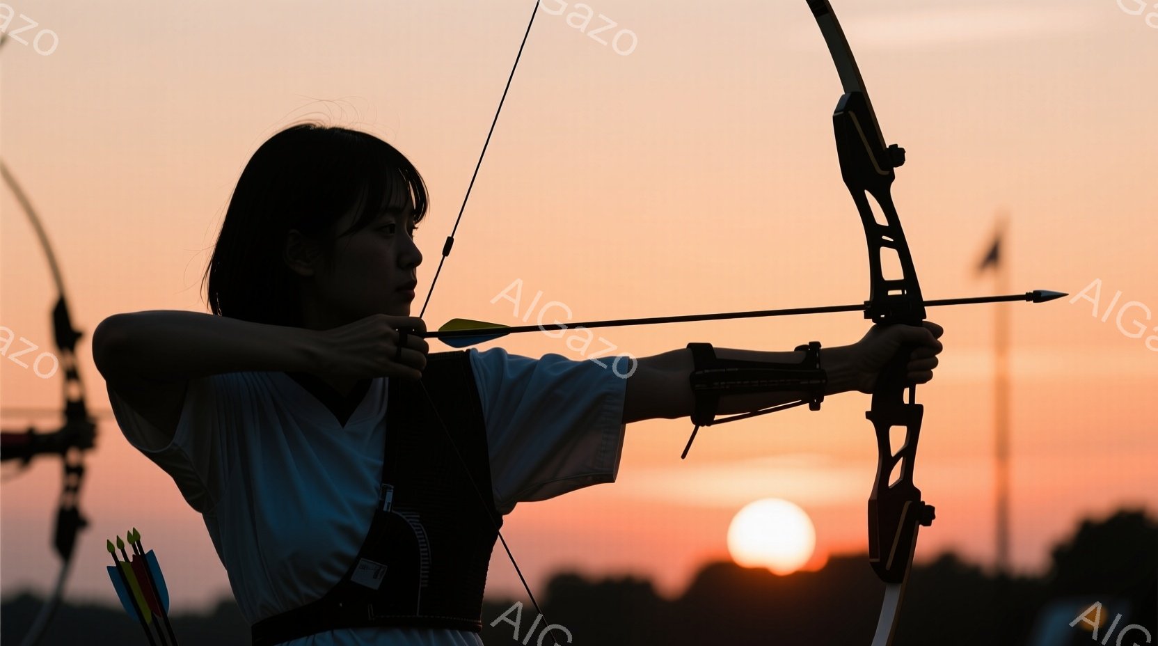 アーチェリー競技をする女性のシルエットが印象的な写真です。彼女は白いシャツと黒のアーチェリーベストを着用し、髪は後ろで一つにまとめられています。背景には夕焼けのオレンジ色の空が広がり、遠くには他のアー - AI生成フリー素材