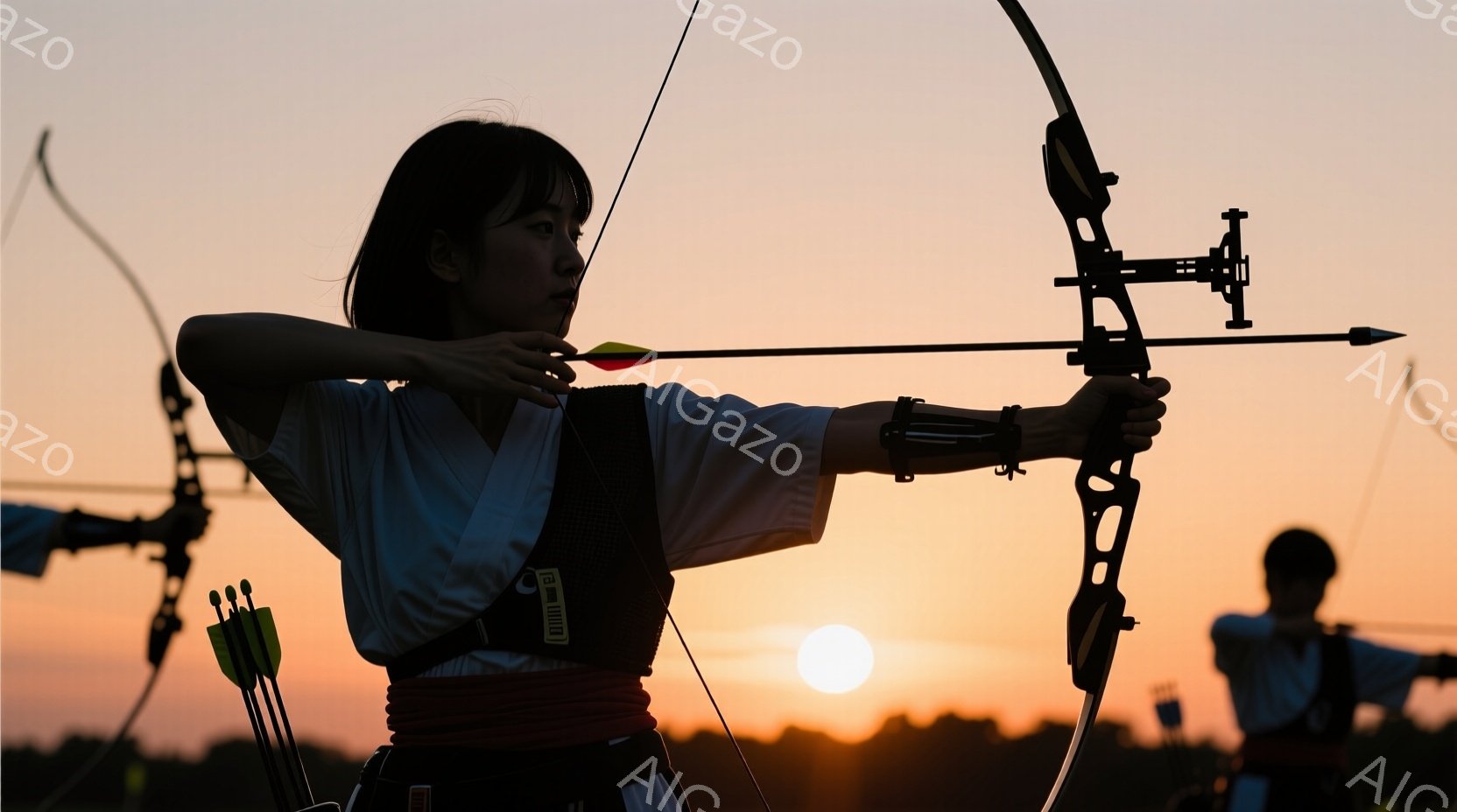 弓矢の練習に集中する女性がシルエットで描かれている。彼女は白いシャツと黒いベストを着用し、短くカットされた髪をしている。背景は夕焼けで、太陽が地平線に沈み、他のアーチャーたちもシルエットで見える、集中 - AI生成フリー素材