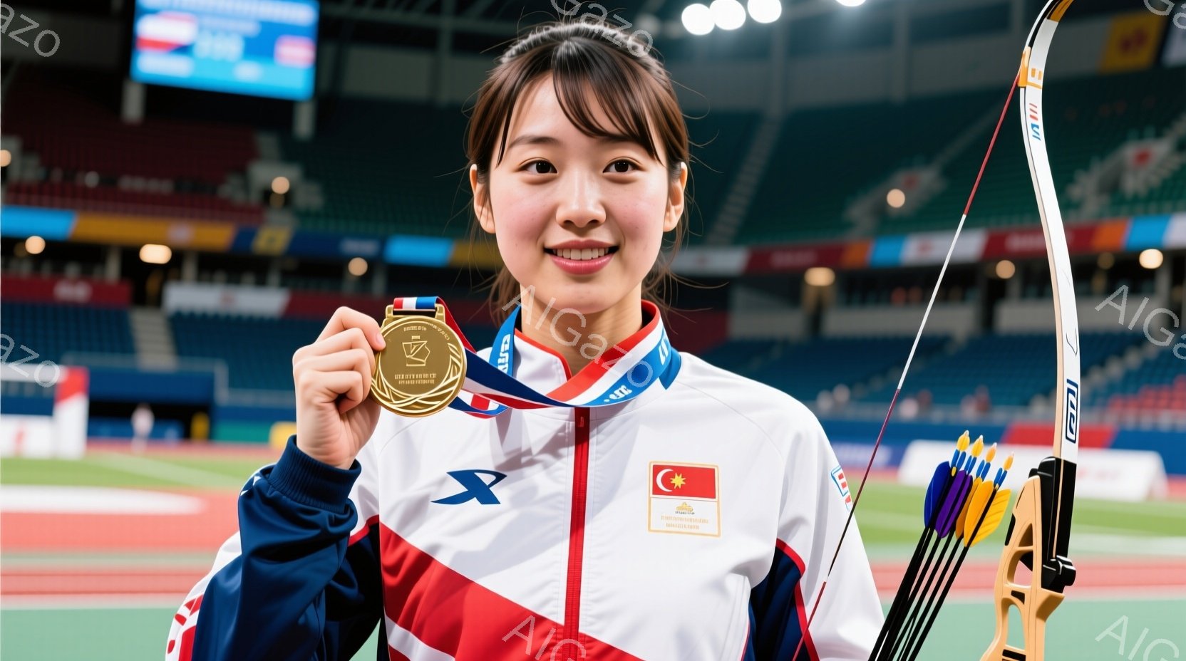 競技者は白いアーチェリーウェアに赤いアクセントが入っており、金メダルを首にかけて満面の笑みを浮かべています。彼女は弓を肩に担ぎ、自信に満ちた姿勢でカメラに向かってポーズをとっています。背景には観客席と - AI生成フリー素材