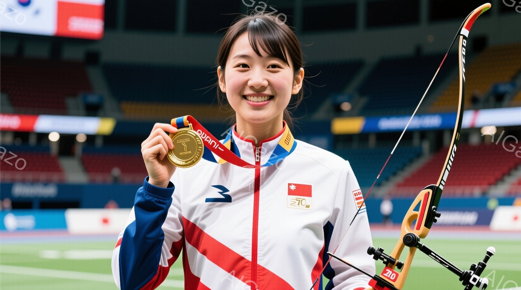 競技者が金メダルを首から下げて笑顔で立っている。白いジャケットと青いズボンを着用し、髪は後ろでポニーテールにまとめられている。背景には観客席と競技場があり、競技後の華やかな雰囲気が伝わってくる。 - AI生成フリー素材