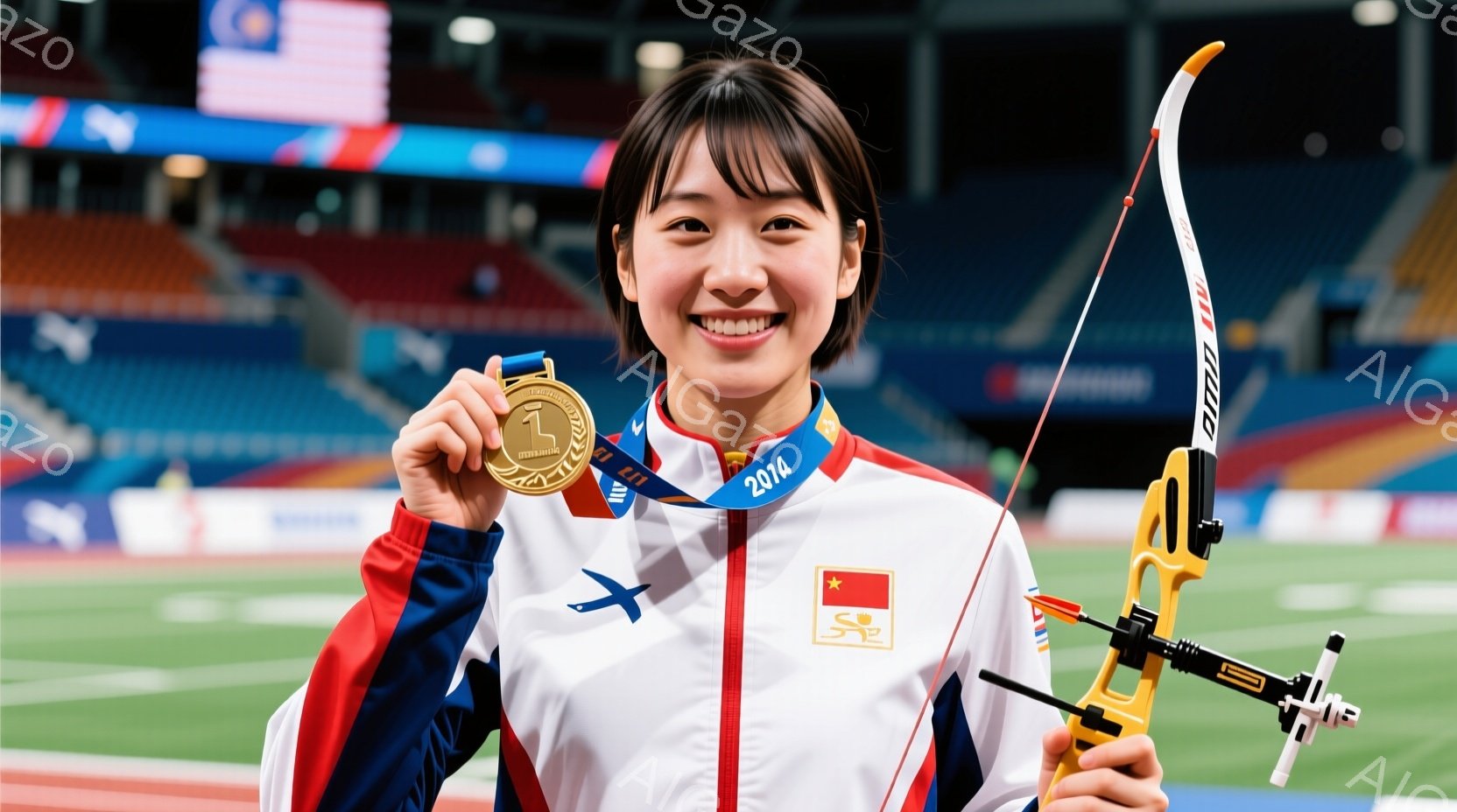 アーチェリー競技の女性選手が金メダルを手に微笑んでいる姿を捉えています。彼女は赤いトリムの白いジャケットと黒いズボンを着用し、髪は前髪を下ろしたショートヘアです。背景には観客席とトラックがあり、競技場 - AI生成フリー素材