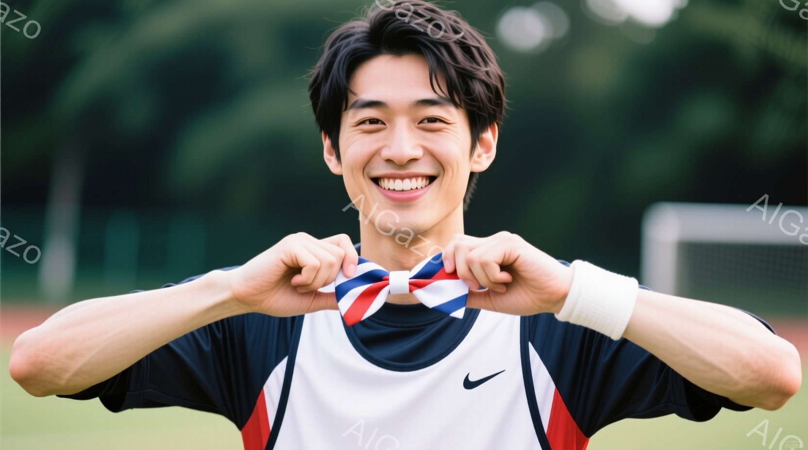 若い男性が、赤い、白い、青いストライプが入ったスカーフを首に巻きながら笑顔でカメラを見ています。彼は白い襟と袖を持つ黒いスポーツウェアを着ており、片腕には白いリストバンドをつけています。背景には緑豊か - AI生成フリー素材