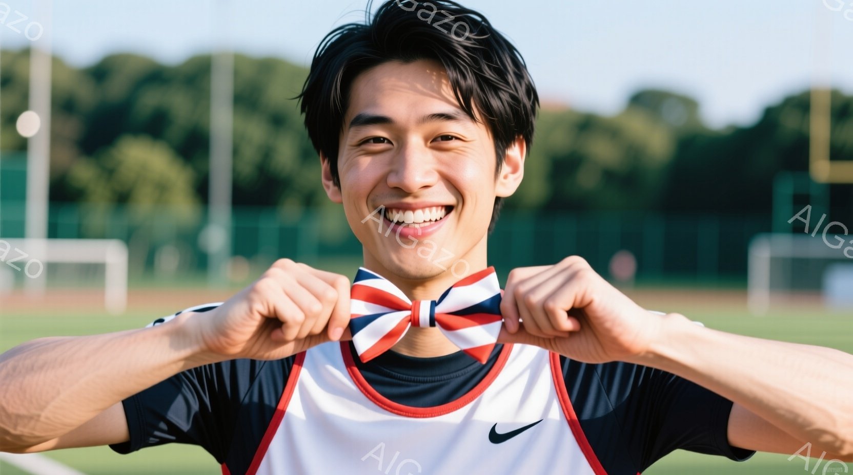 この男性は、紺色の襟付きスポーツウェアに、英国旗の模様をしたリボンを首に結んでいます。彼は笑顔でカメラに向かっており、両腕を少し曲げてリボンを指しています。背景には緑の芝生とサッカーゴール、そして木々 - AI生成フリー素材