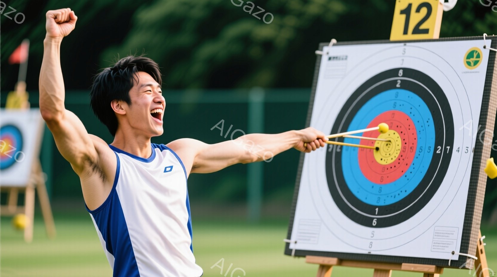 アーチェリー競技者が、ターゲットに向かって矢を放ち、満面の笑みを浮かべている様子が写っている。青と白のタンクトップ姿で、短髪を無造作に整え、力強い姿勢で構えている。背景には緑豊かな自然とターゲットが設 - AI生成フリー素材