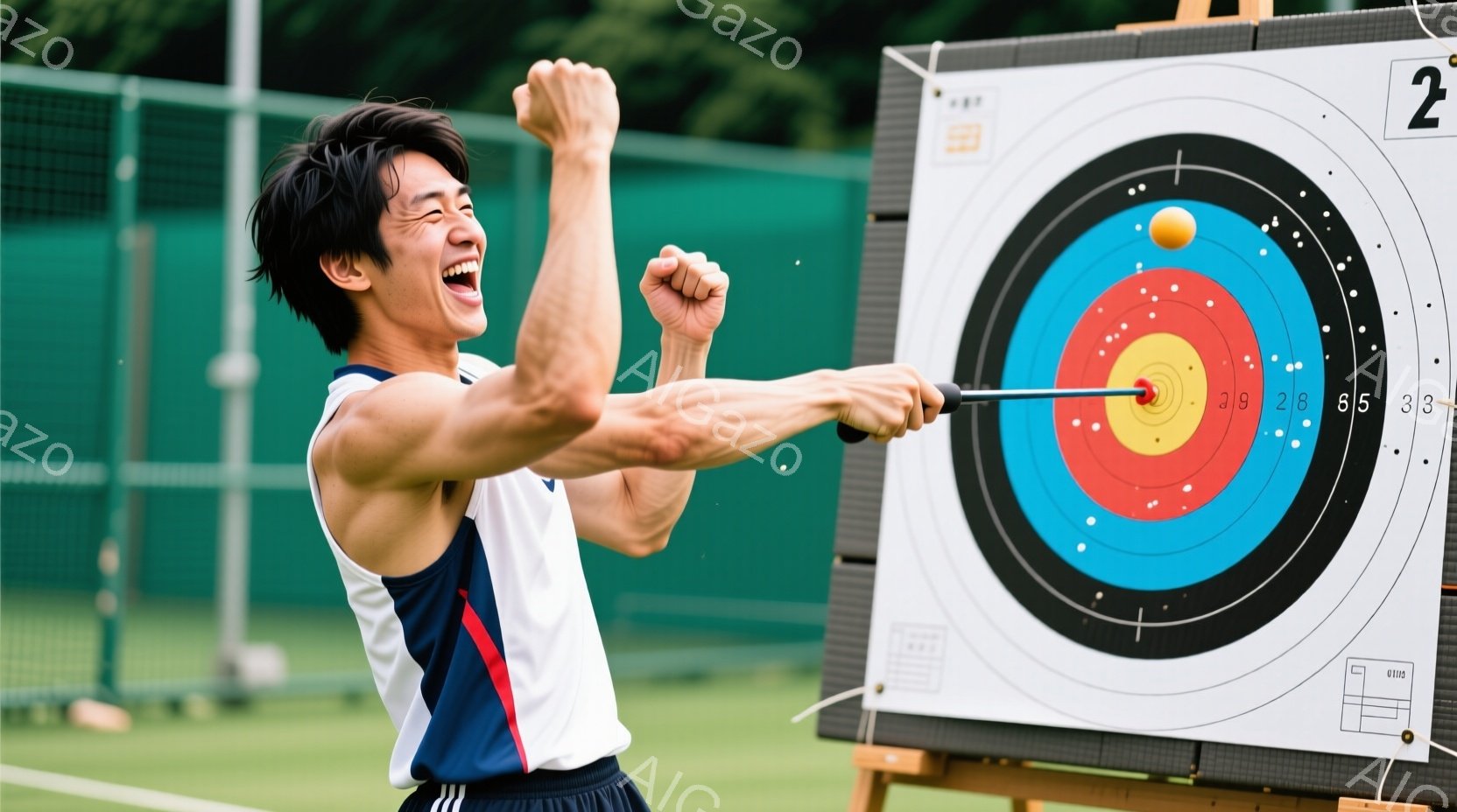 競技者が弓矢でターゲットの中心を見事に射抜いた瞬間を捉えた写真です。彼は青と白のストライプのシャツと黒のズボンを着用し、興奮した表情で片手を高く上げ、勝利を喜んでいます。背景にはターゲットと緑色の芝生があり、晴天の下、競技場の様子が伺えます。