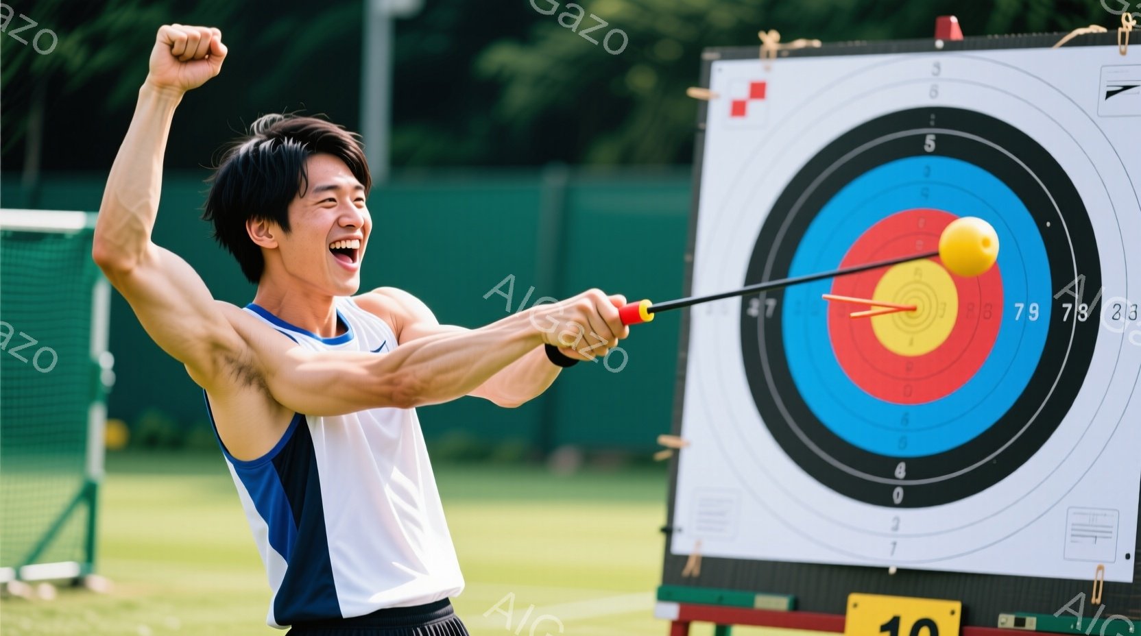 競技者は白いタンクトップと黒いショーツ姿で、弓を持ち、矢を放った直後の喜びに満ちた表情をしています。背景には、的が設置されたターゲットボードがあり、緑豊かな自然の中で競技が行われている様子が伺えます。 - AI生成フリー素材