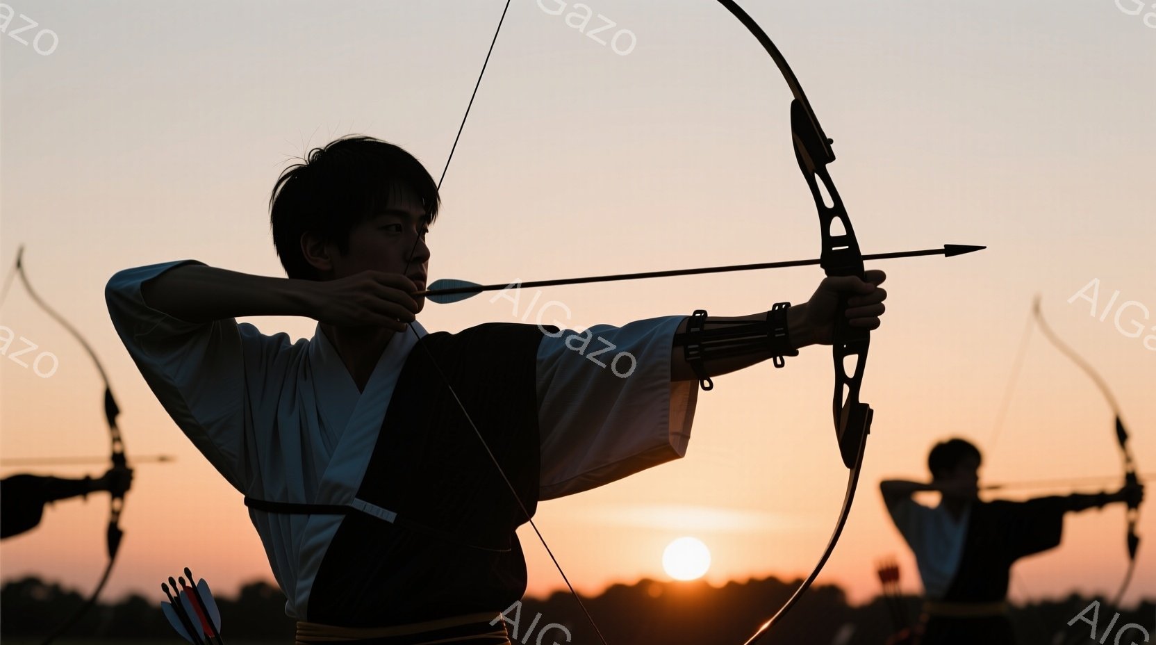弓道家が夕焼けを背景に弓を構えている様子が描かれている。彼は白い着物と黒い襷（たすき）を身につけ、短髪で真剣な表情をしている。背景には他の弓道家もおり、黄金色の夕焼けと緑の草地が広がっている、静かで集中した雰囲気が感じられる。