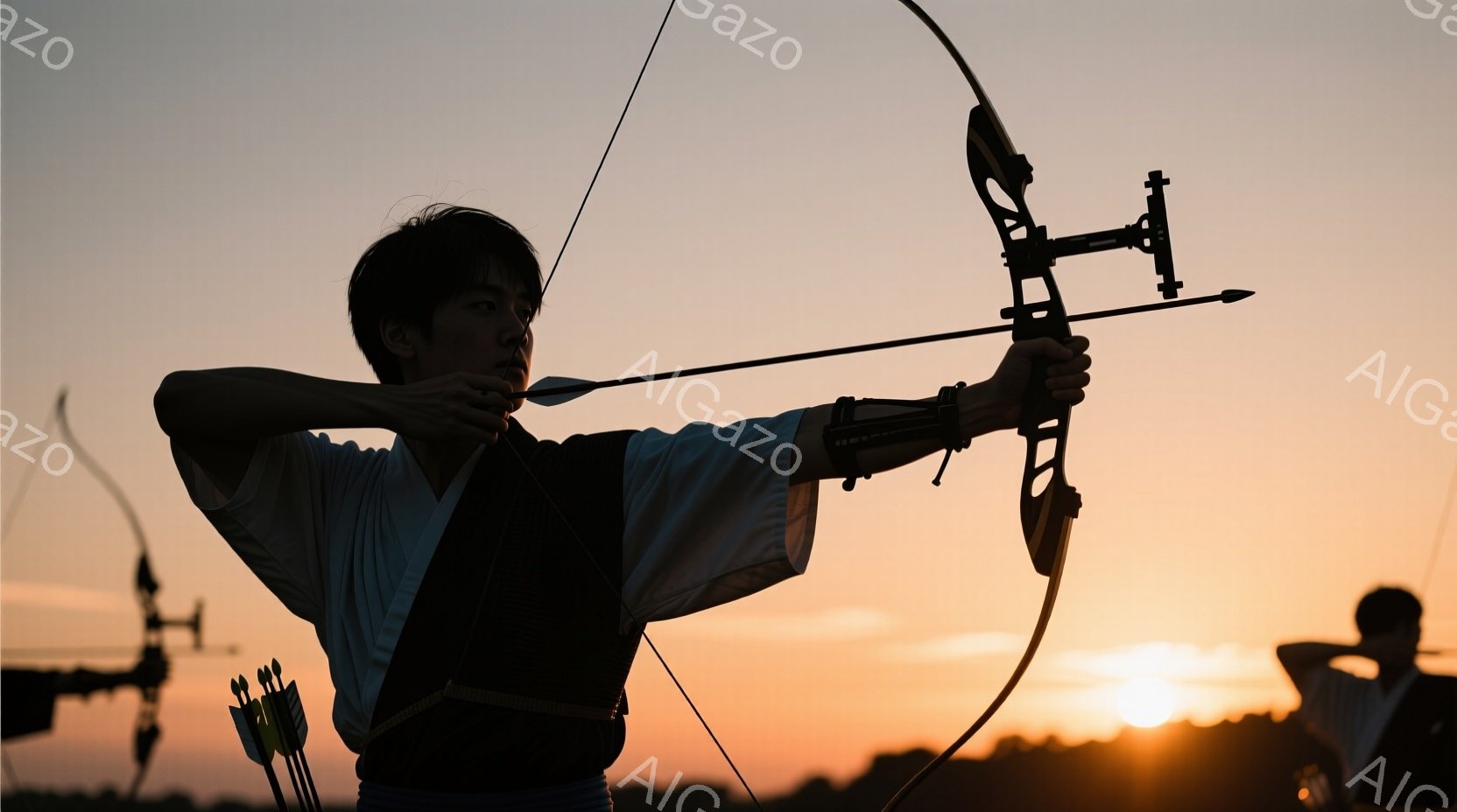 弓を構える男性がシルエットで描かれている。彼は白装束に黒いベストを着用し、短髪である。背景は夕焼けに染まり、他の弓使いのシルエットも確認できるため、競技場のような場所で和弓の練習をしている様子が伺える - AI生成フリー素材
