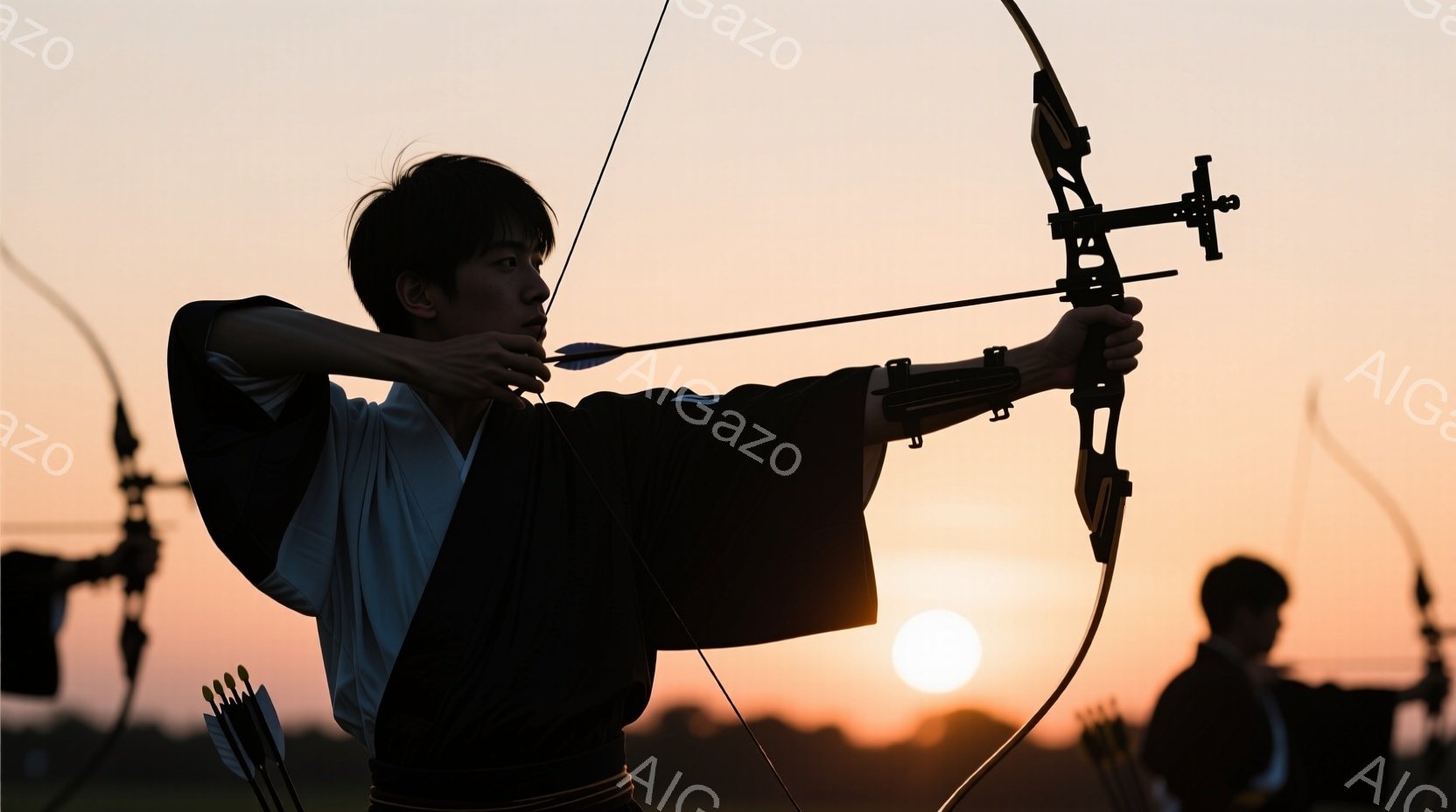 柔らかな夕焼けを背景に、日本の伝統的な弓道をする男性が描かれている。白い着物の上に黒い羽織を羽織り、髪を後ろで束ねている。弓を構え、集中した表情で矢を放とうとしている姿は、静寂の中での緊張感と美しさを - AI生成フリー素材