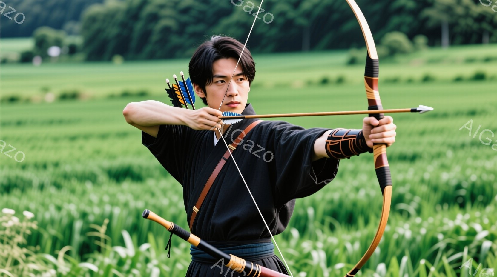 鮮やかな緑色の草むらの中に、弓を持つ男性が描かれています。彼は黒い着物と腰紐を身につけ、髪は後ろで結んでいます。真剣な表情で弓を引き、集中した様子が伝わってきます。 - AI生成フリー素材