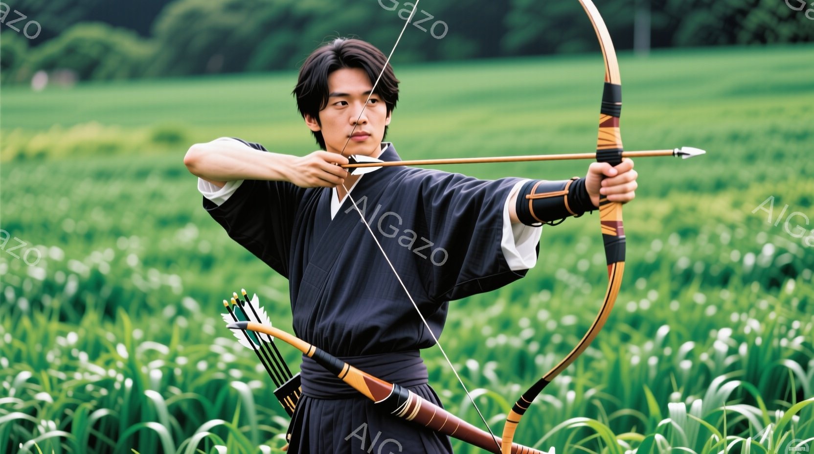 濃い緑色の草むらの中に、弓を持つ男性が描かれている。黒い着物を着ており、髪は後ろで束ねられている。彼の表情は真剣で、弓を引くための準備をしている様子がうかがえる。 - AI生成フリー素材