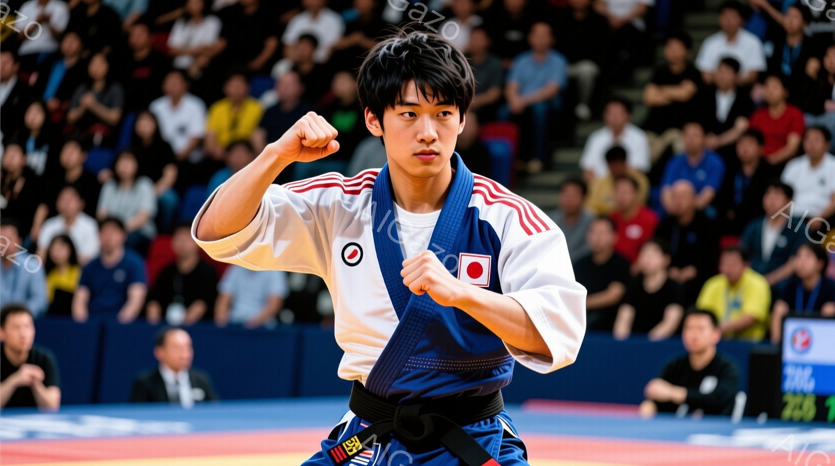 空手着姿の若い男性が、競技場で構えをとっています。黒色の帯、赤いポイント、そして日本国旗のワッペンが胸元にあり、真剣な表情で拳を握り、前方に突き出しています。背景には観客席が見え、競技場の雰囲気が伝わってきます。