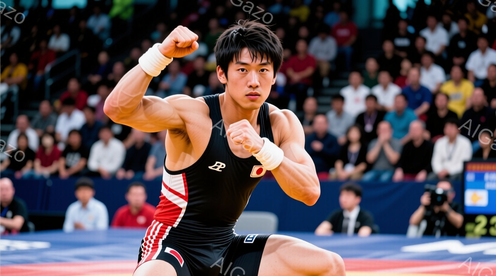 レスラーがリングの中心で両手を高く上げ、勝利を喜んでいる様子が写っている。彼は黒と赤のストライプが入ったレスリングウェアを着用し、髪は短く整えられている。背景には観客席が広がり、熱狂的な雰囲気を感じさ - AI生成フリー素材