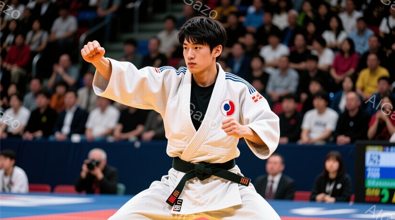 空手着を着た若い男性が、競技場で力強く構えている。白い空手着に黒帯を締め、髪は短く整えられ、真剣な表情で拳を握っている。背景には観客席が見え、競技場の床は青色で、活気ある競技会の雰囲気が伝わってくる。