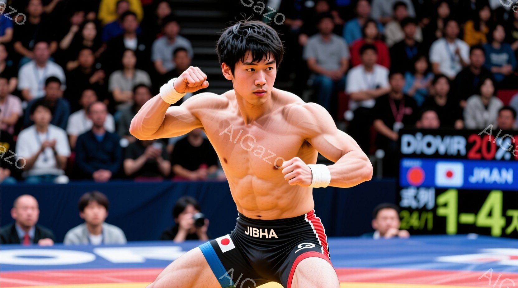 屈強な体格の若い男性が、相撲の構えで力強く膝を曲げ、両手を握り拳にして前に突き出しています。彼は日本の国旗をあしらった相撲の装束（まわし）を身につけ、髪は短く整えられています。背景には観客席が広がり、活気と緊張感が感じられる競技場の雰囲気です。