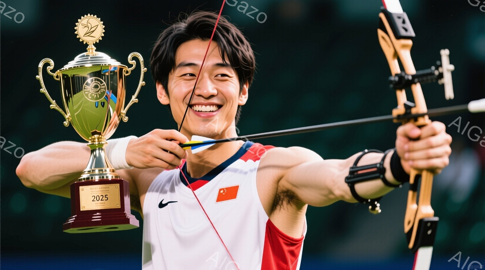 アーチェリー選手が競技後、満面の笑みで弓を引き絞っている様子が写っている。白のユニフォームに赤いラインが入っており、髪は短く整えられている。背景にはトロフィーが置かれ、競技会場のぼやけた様子が見える。 - AI生成フリー素材