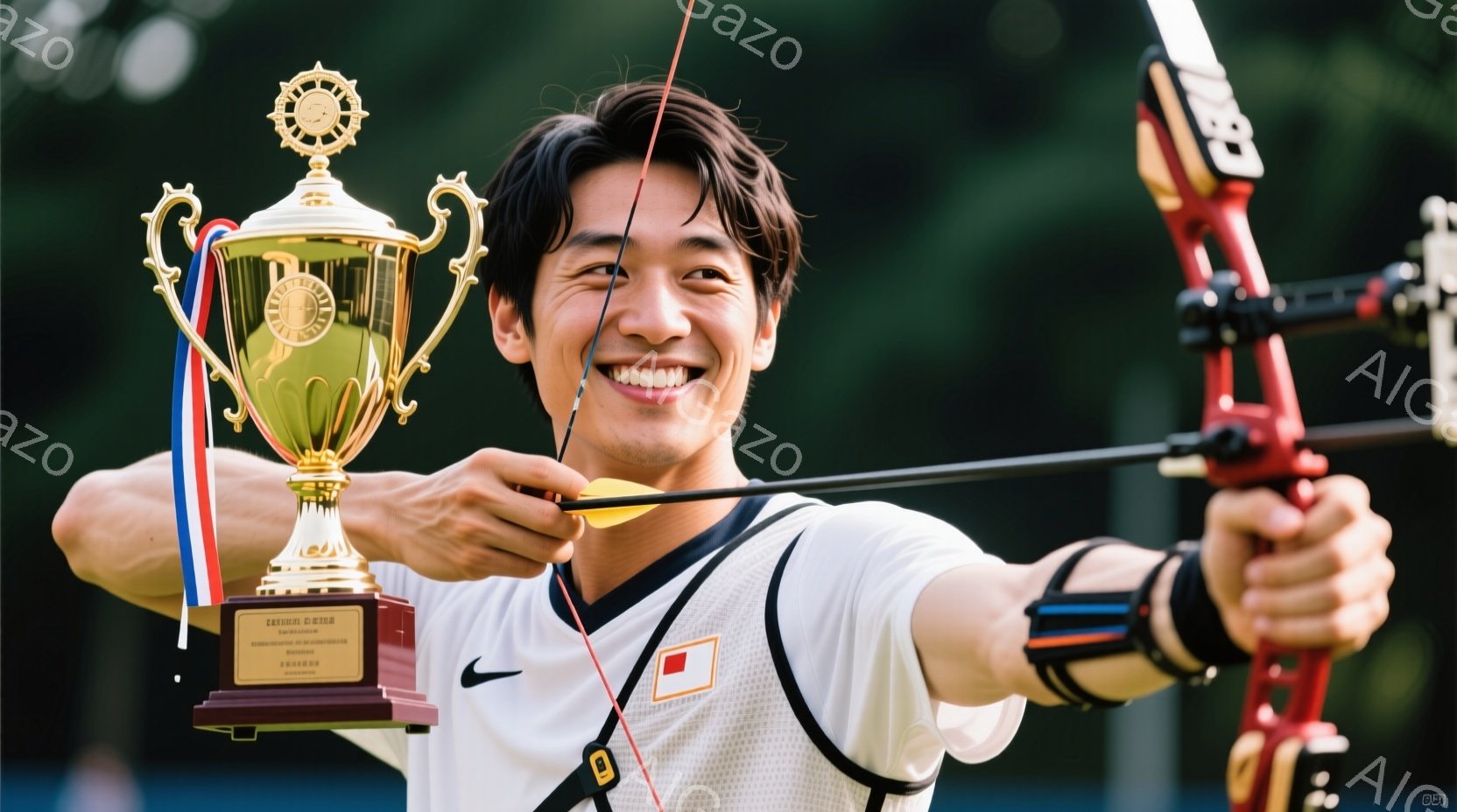 競技者が弓を引き絞り、競技に集中した表情で矢を放とうとしている姿が写っている。彼は白いポロシャツに黒いズボンを着用し、髪は短く整えられている。背景には緑豊かな木々が見え、晴天の下、競技が行われていることがわかる。