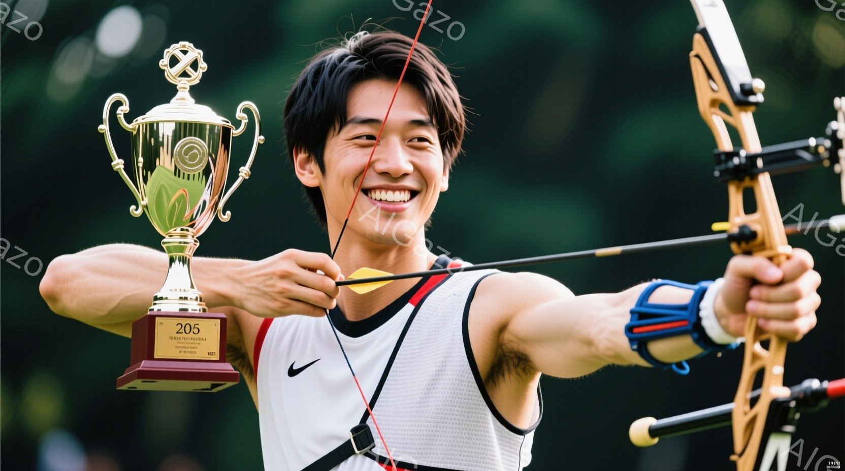 競技者は白いタンクトップと黒いショーツ姿で、弓を引き絞り、目標に向けて矢を放とうとしている。彼は満面の笑みを浮かべ、達成感と喜びを表している。背景には緑豊かな木々が見え、晴れた日の屋外競技場であること - AI生成フリー素材