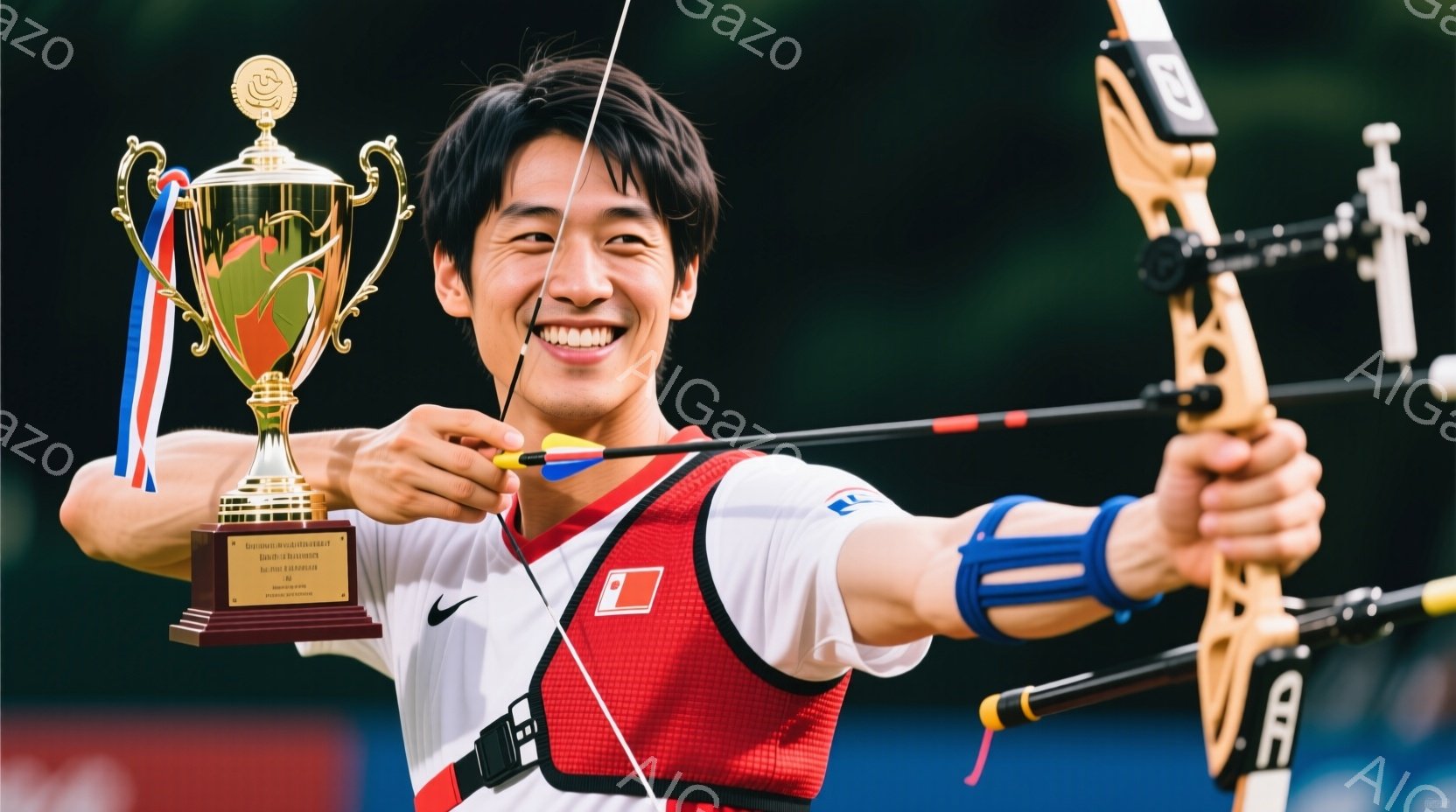 競技者が弓を引き、目標に向かって構えている姿が写っている。白いTシャツに赤いベスト、そして黒いズボンという競技着を身につけ、髪は短く整えられている。背景には緑豊かな木々が見え、晴天の下、競技が開催され - AI生成フリー素材