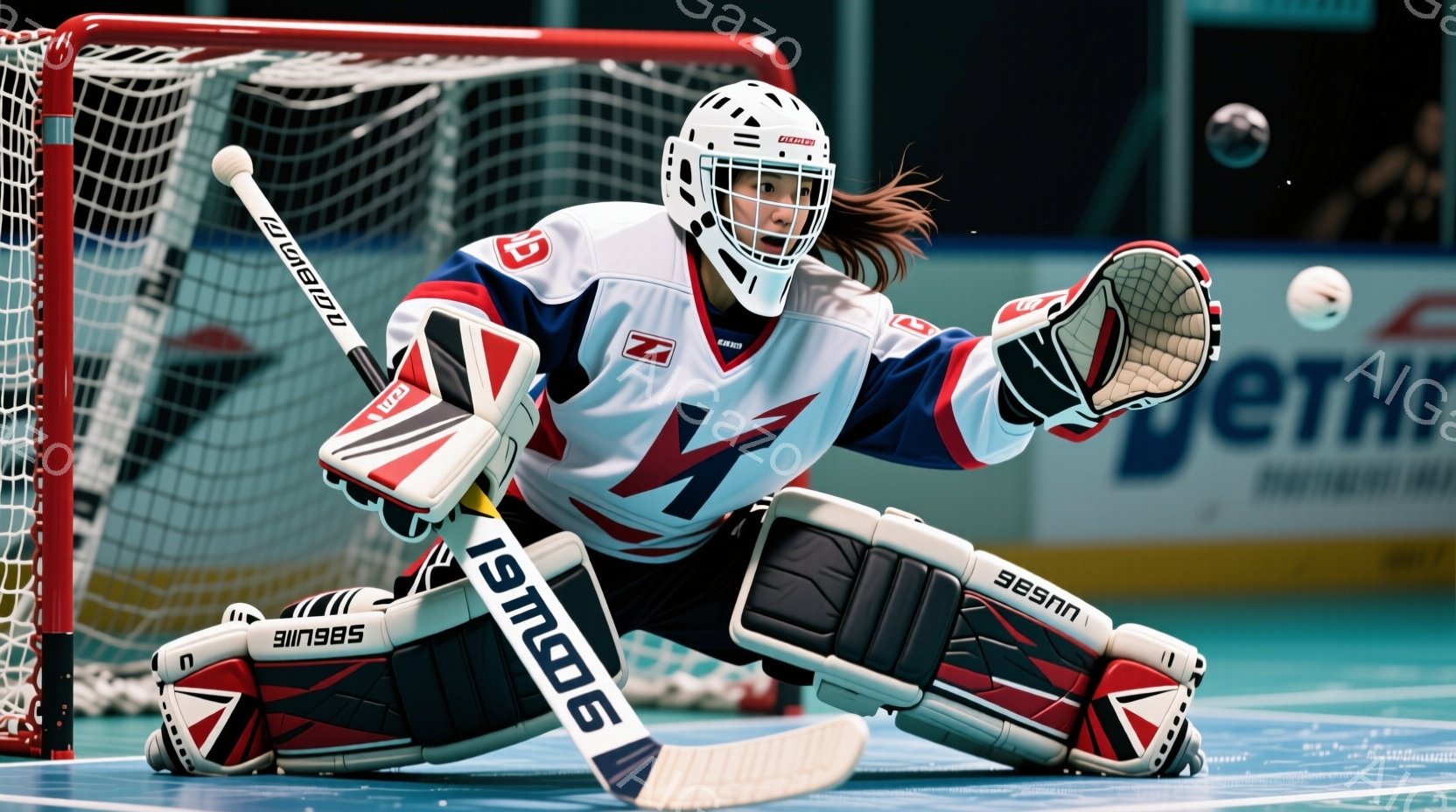 画像はアイスホッケーのゴールキーパーが、身構え、膝を曲げ、片手を伸ばして構える姿を捉えています。赤、白、青のチームカラーのユニフォームを着用し、ヘルメットを被っています。背景にはネットとぼやけた観客席 - AI生成フリー素材