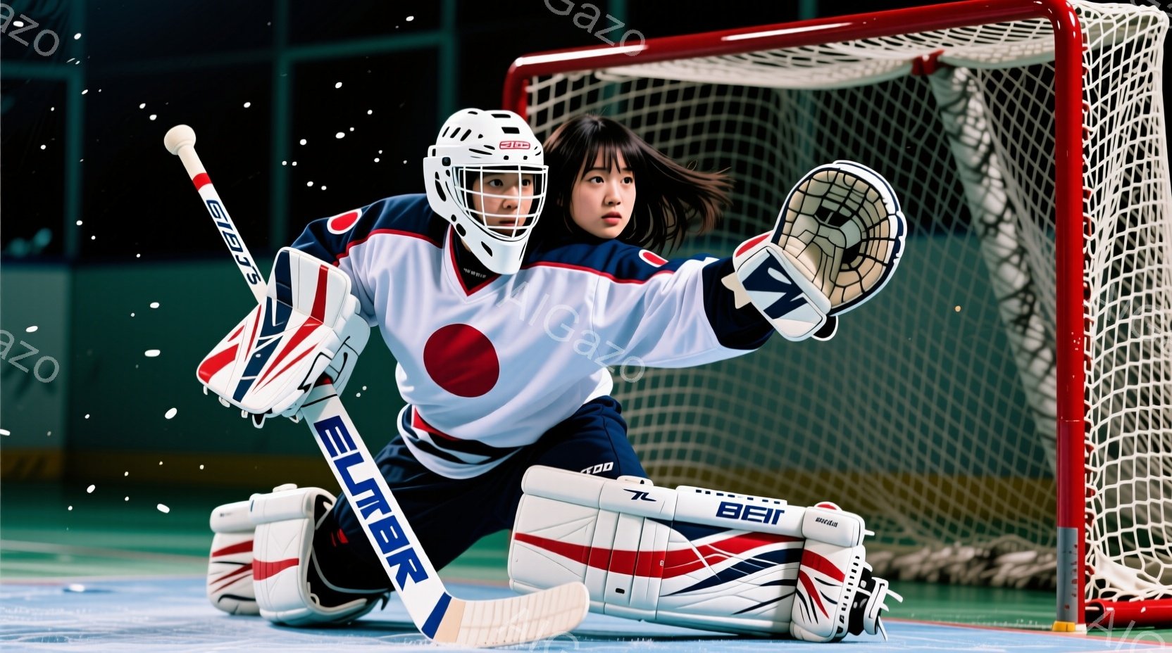 アイスホッケーのゴールキーパーである若い女性が写っている。彼女は日本の代表チームのユニフォームを着ており、ヘルメットをかぶり、髪は後ろで三つ編みにされている。彼女は膝をつき、集中した表情でホッケーのパックを待ち構えている。