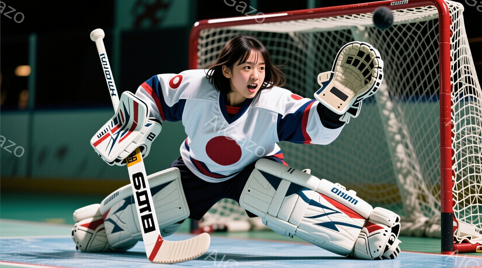 アイスホッケーのゴールキーパーの女性が写っています。彼女は紺色のジャージに白いヘルメットとプロテクターを身につけ、髪をポニーテールにしています。緊張した表情で、ゴールを守るために両手を伸ばし、集中した - AI生成フリー素材