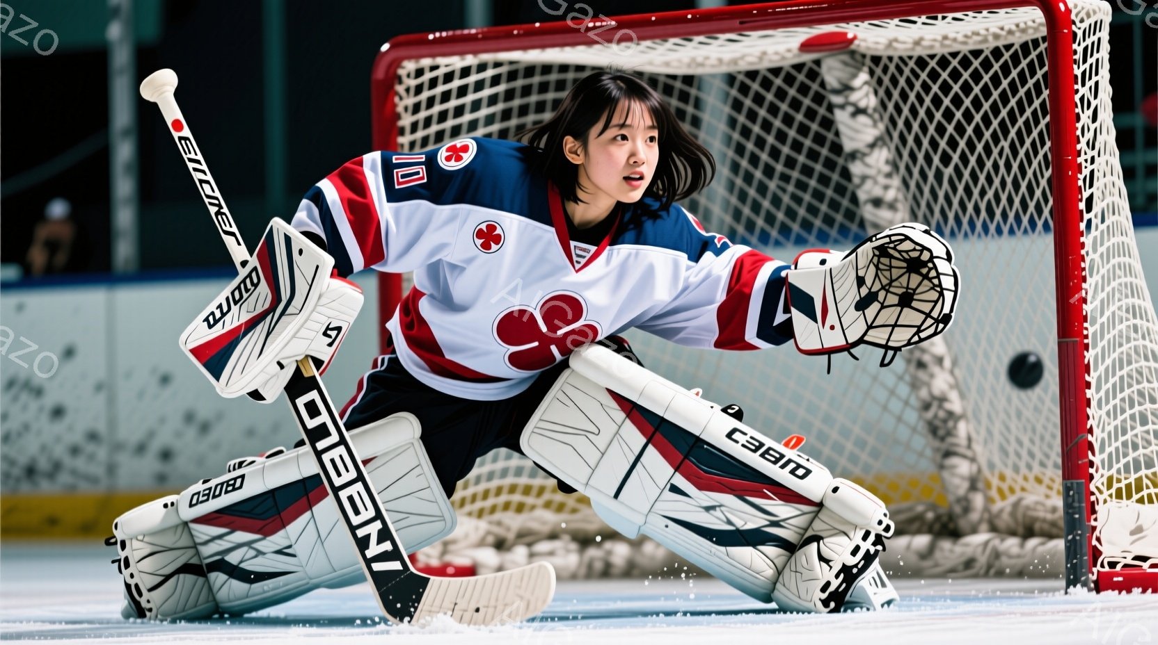 画像はアイスホッケーのゴールキーパーである若い女性を描いています。彼女は白、赤、黒のストライプが入ったユニフォームを着用し、髪はポニーテールにまとめられています。彼女は膝をつき、集中した表情でスティックを構え、次の攻撃に備えているようです。