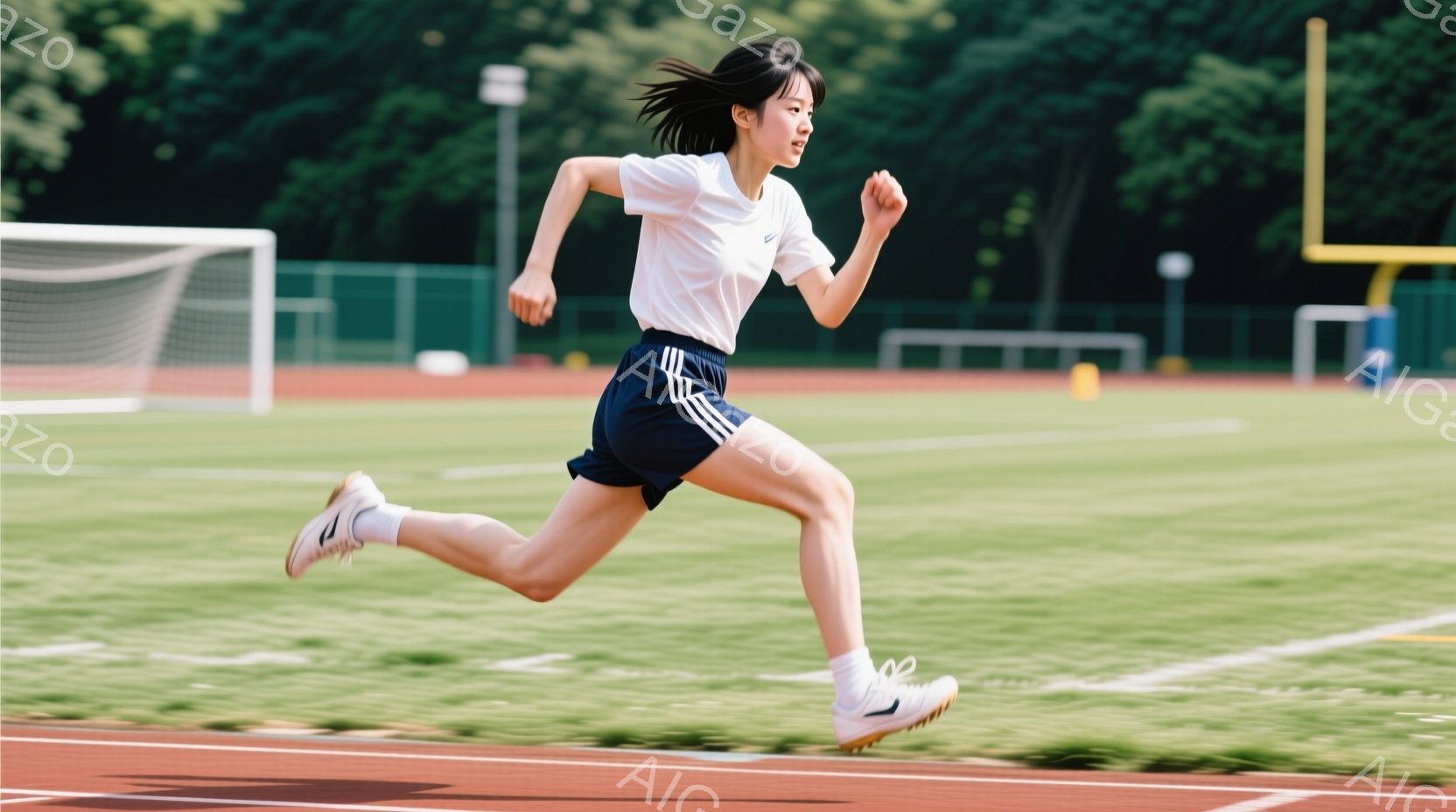 短い黒髪の女性が、トラックを全力で走っている様子が写っている。白いTシャツと黒い短パン、白いソックスとスニーカーを着用し、躍動感のある姿勢で空中に片足を上げている。背景には緑の芝生、トラック、そしてぼ - AI生成フリー素材