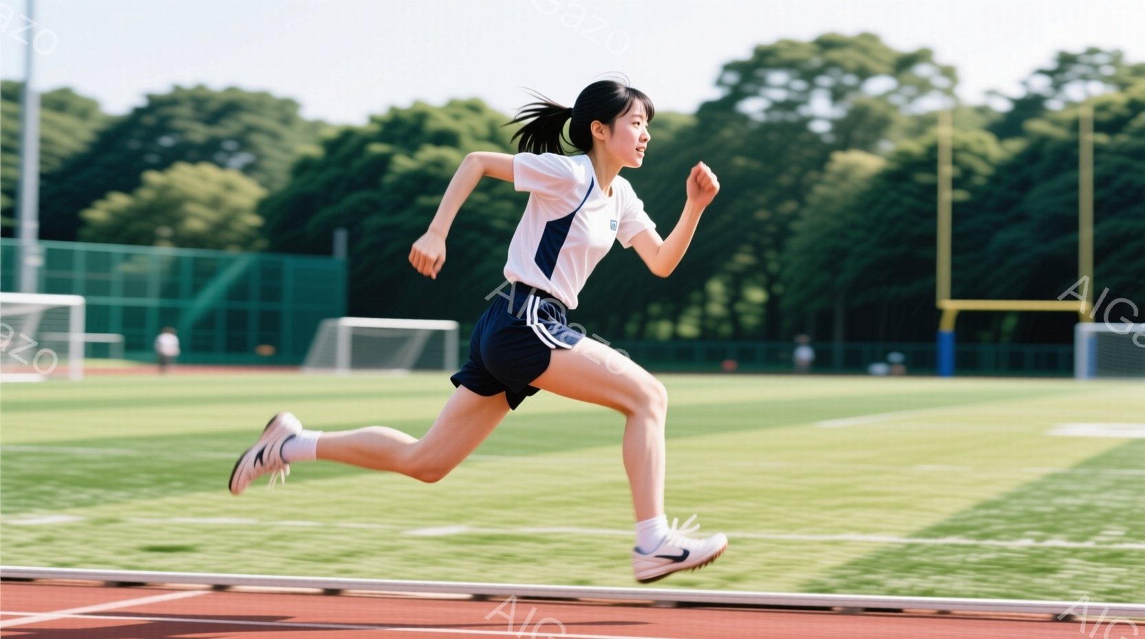 短い髪をポニーテールにした若い女性が、陸上競技場のトラックを走っている。白いシャツと紺色の短パン、白い靴を履き、躍動感のある姿勢で前進している。背景には緑豊かな芝生と木々が見え、晴れた日の活気ある雰囲 - AI生成フリー素材