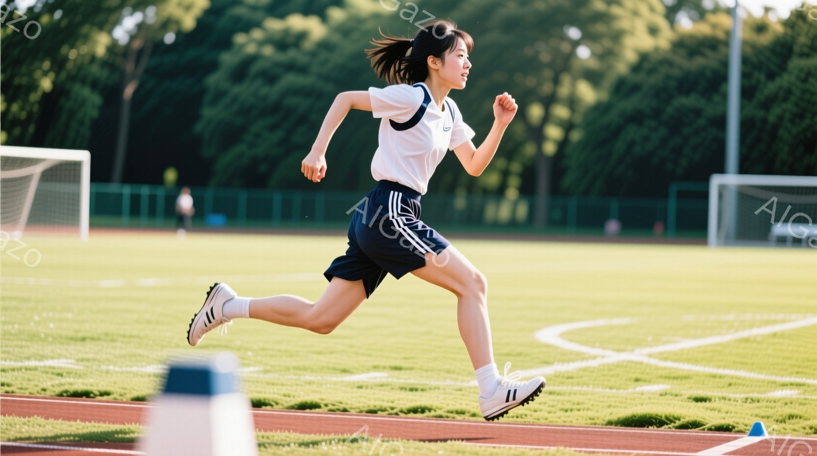 短い黒髪をポニーテールにした若い女性が、競技トラックを全速力で走っている。白いTシャツに紺色の短パン、そして白と黒のランニングシューズを着用し、運動に励んでいる様子が伺える。背景には緑の芝生、トラック - AI生成フリー素材