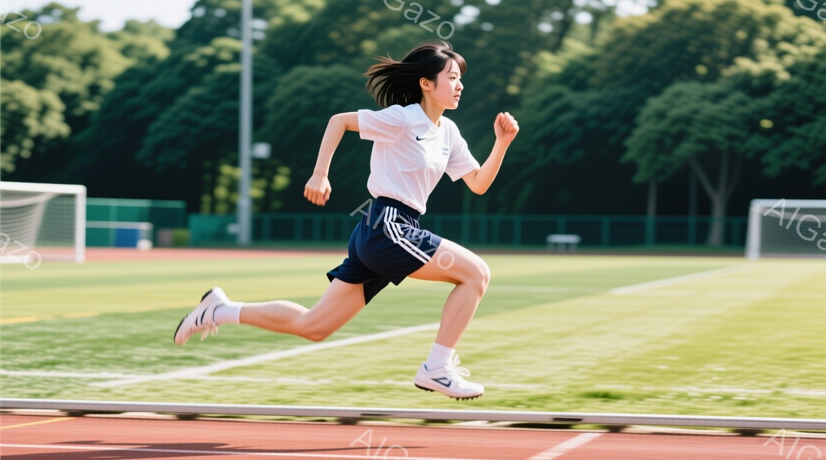 陸上競技場で走る女性が写っている。白いTシャツと紺色の短パン、白いソックスとスパイクシューズを着用し、髪は後ろでポニーテールに結われている。背景には緑の芝生、トラック、そして遠くに見える木々があり、晴 - AI生成フリー素材