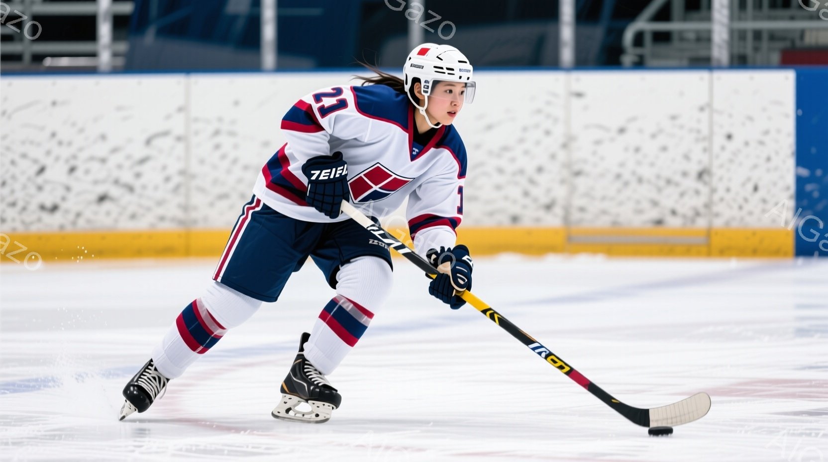 アイスホッケー選手が氷上を滑走している様子が写っている。赤、白、紺色のユニフォームを着用し、ヘルメットを被り、髪は後ろでポニーテールにまとめられている。選手はホッケーのスティックを握り、集中した表情で - AI生成フリー素材