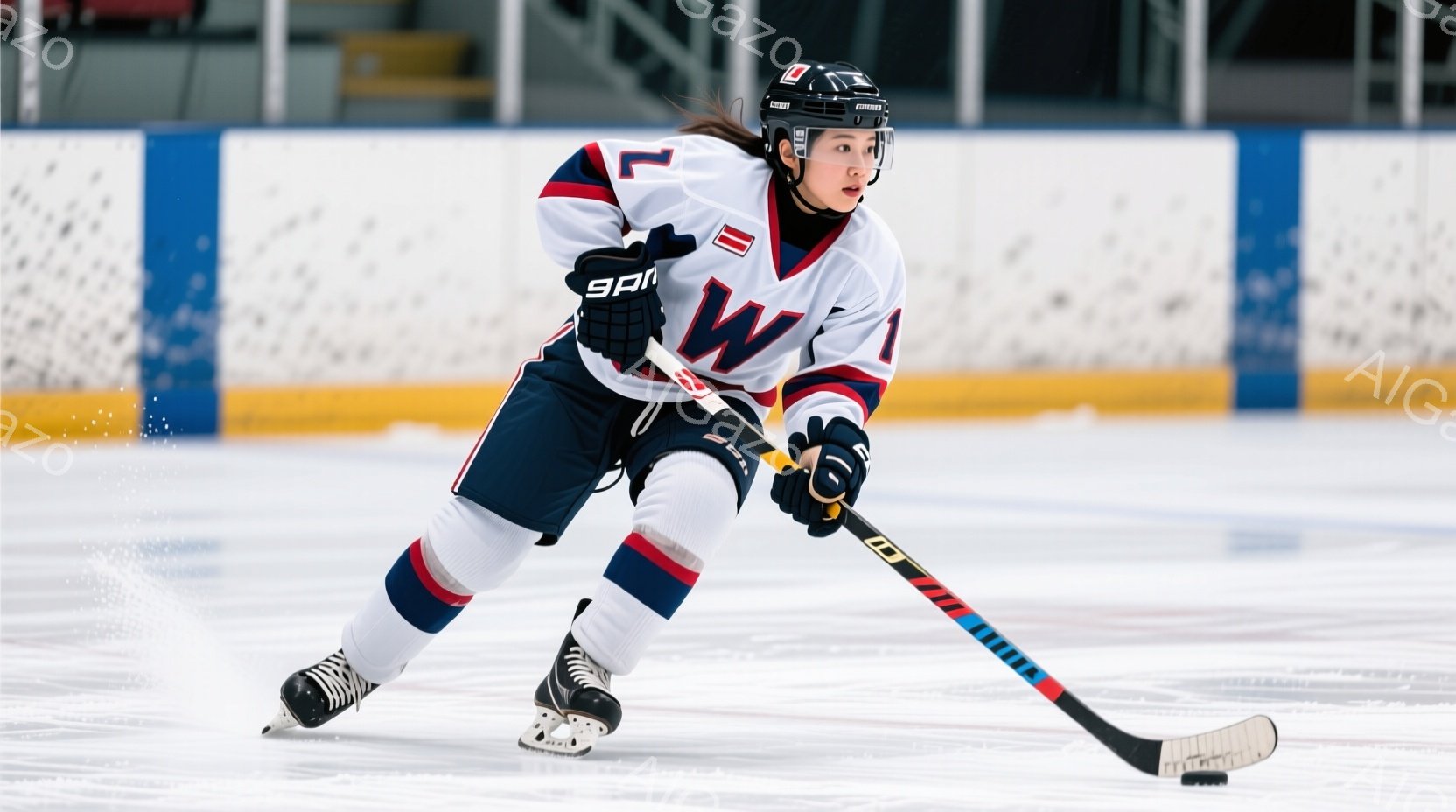 アイスホッケー選手がリンク上でプレーしている写真です。彼女は白、青、赤のユニフォームとヘルメットを着用し、黒い髪を後ろでポニーテールにしています。集中した表情で、ホッケーのスティックを構え、滑走してい - AI生成フリー素材