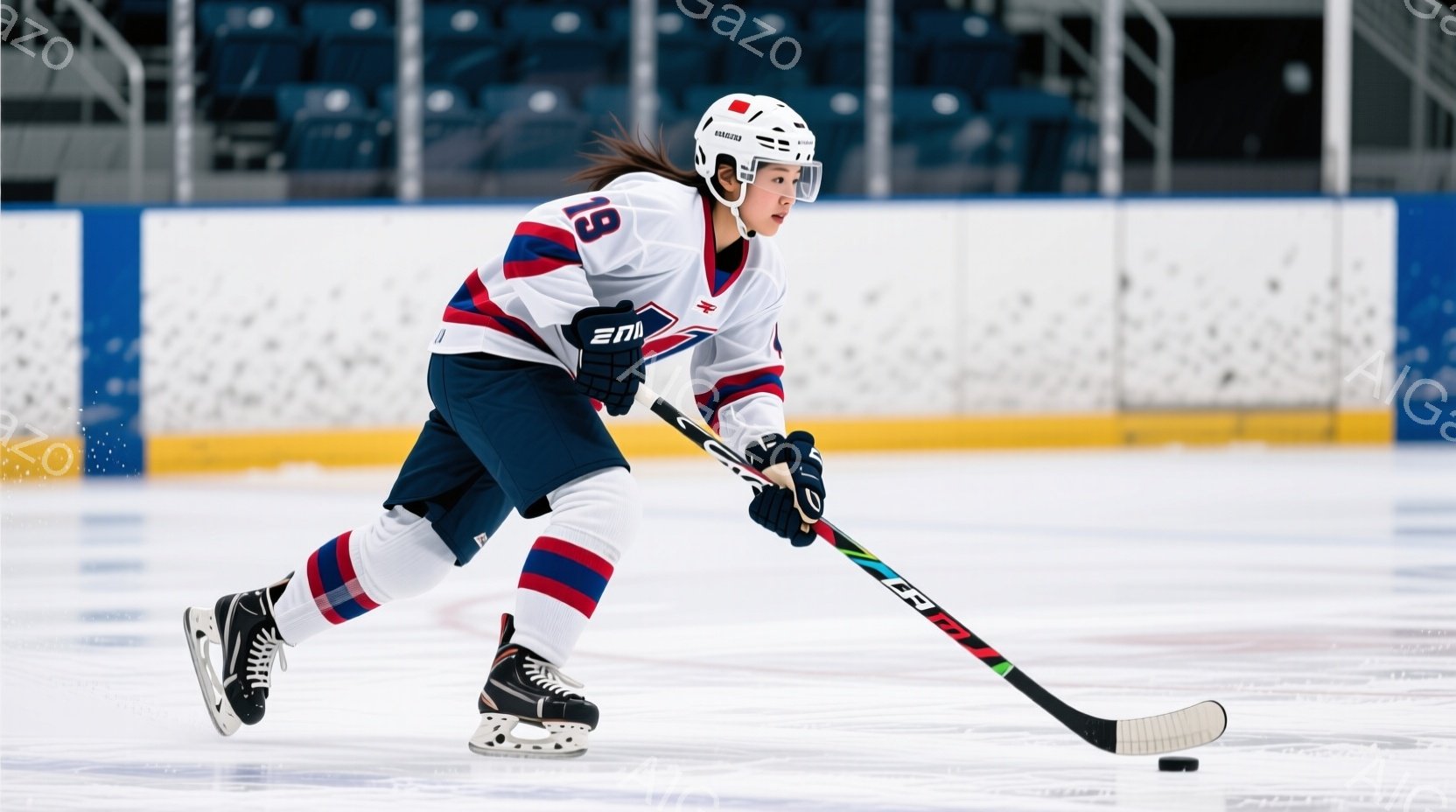 アイスホッケー選手がリンク上でプレーしている様子が写っている。彼女は赤、白、青のストライプが入ったユニフォーム、ヘルメット、そしてスケートを着用し、ホッケーのスティックを握って前方に集中している。背景 - AI生成フリー素材