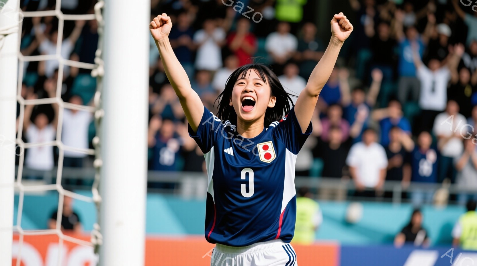 鮮やかな青いサッカーユニフォームを着た若い女性選手が、両手を高く上げて歓喜しています。彼女の髪は長く、黒髪で、顔には勝利の喜びが表れています。背景には観客席が見え、サッカー場の緑の芝生とネットが確認でき、活気に満ちた競技場の雰囲気が伝わってきます。