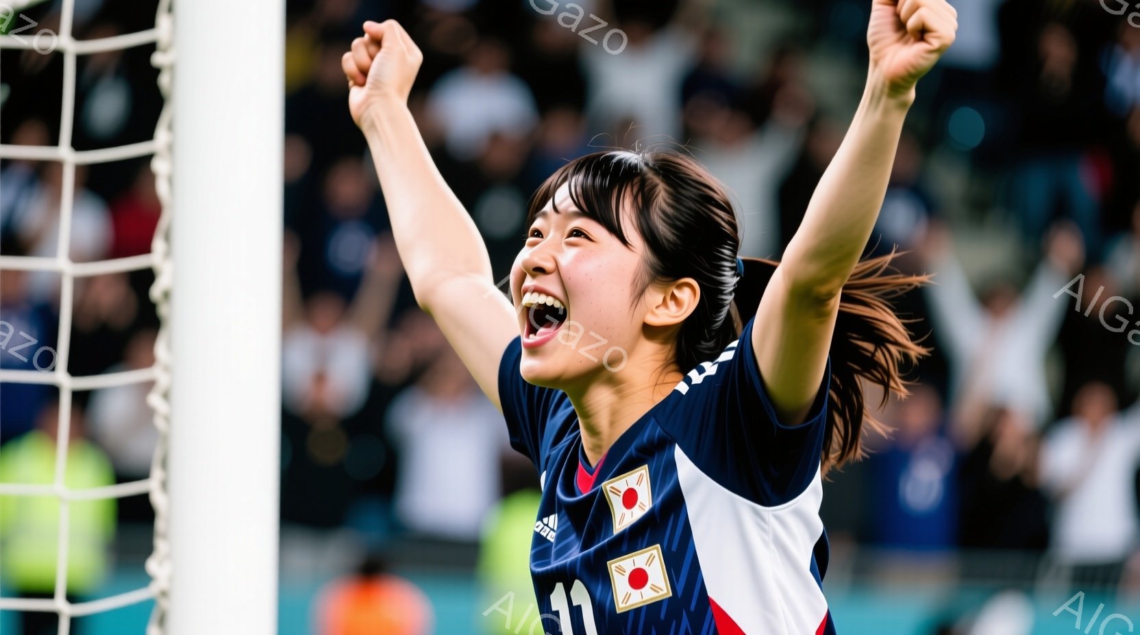 紺色のサッカーユニフォームを着た若い女性選手が、両手を高く上げて歓喜している様子が写っている。彼女は黒髪で、髪の一部が顔にかかっている。背景には観客席が見え、スタジアムの興奮した雰囲気が伝わってくる。 - AI生成フリー素材